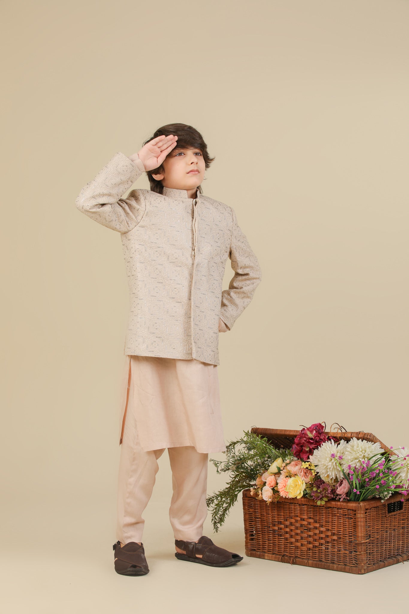 Coffee Beige Kurta Trouser with Square Embroidered Prince Coat - 3PC - Kids