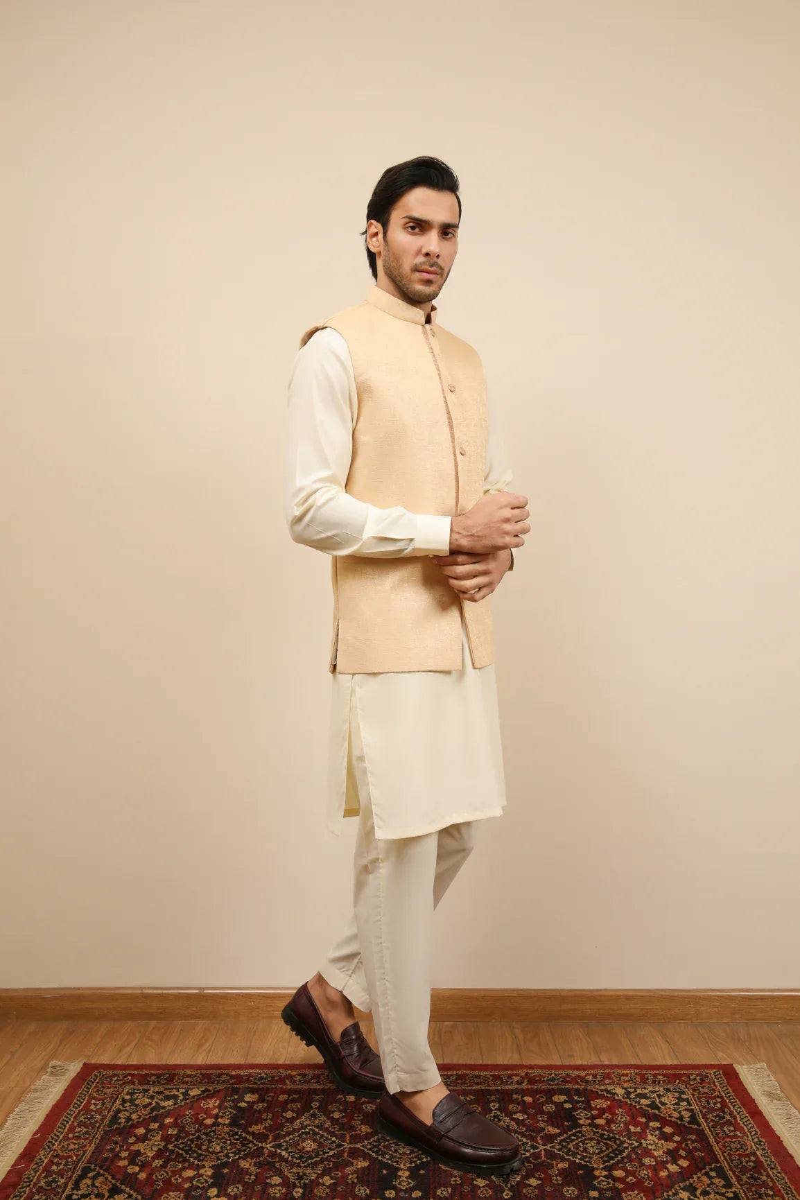 Bosky White Kurta Trouser with Ivory Jamawar Waistcoat - 3PC - Men - Muraqsh -- Wedding Wear