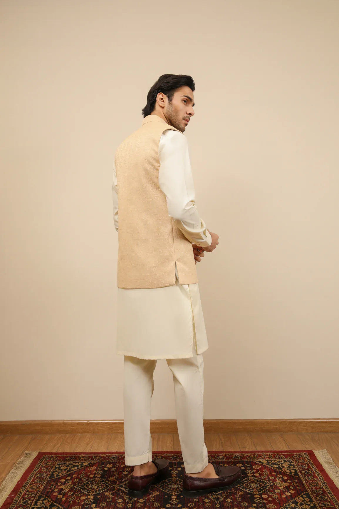 Ivory Jamawar Textured Waistcoat - Men - Muraqsh -- Wedding Wear