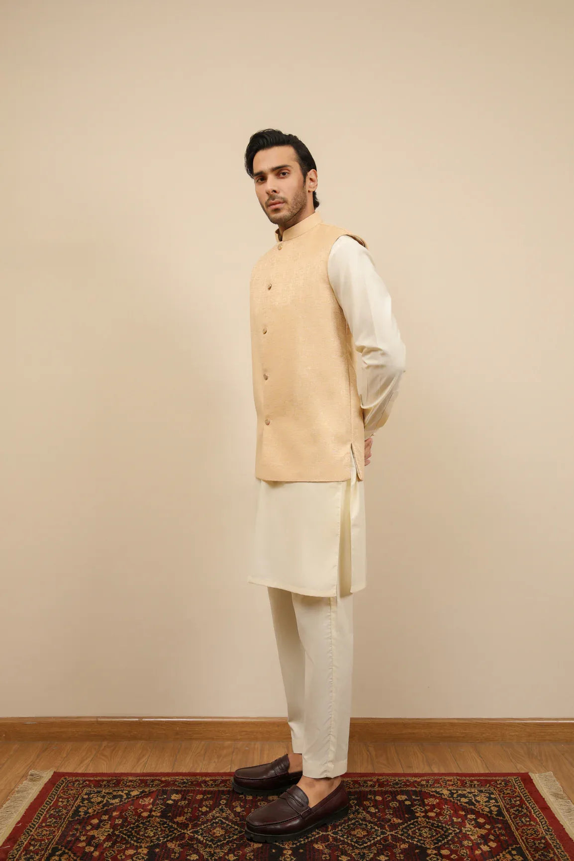 Ivory Jamawar Textured Waistcoat - Men - Muraqsh -- Wedding Wear