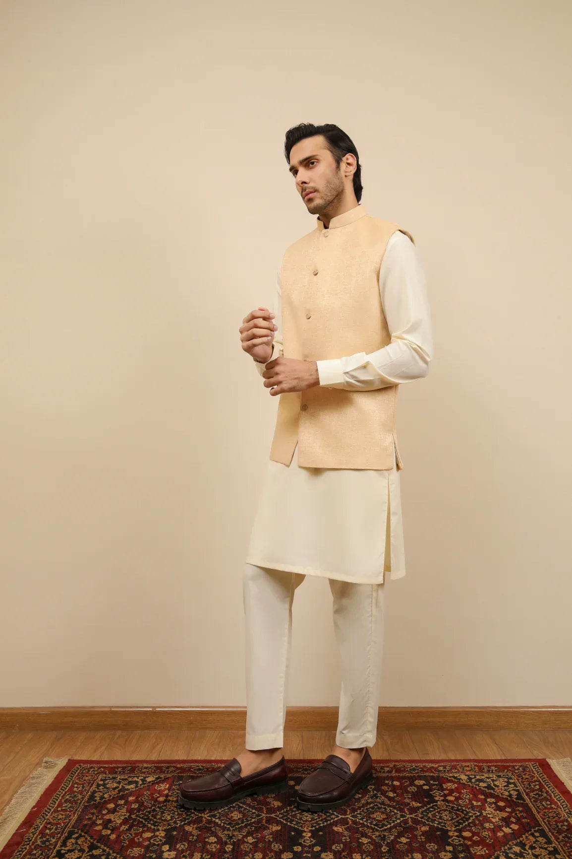 Ivory Jamawar Textured Waistcoat - Men - Muraqsh -- Wedding Wear