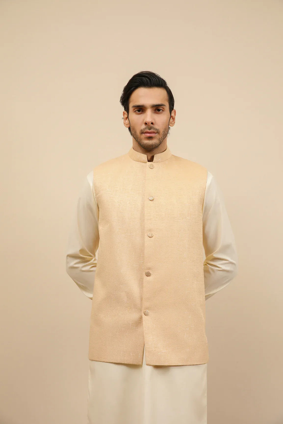 Ivory Jamawar Textured Waistcoat - Men - Muraqsh -- Wedding Wear
