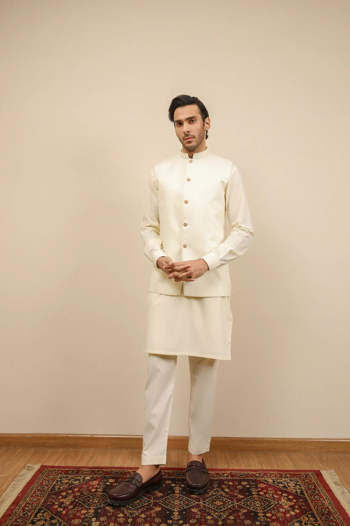 Bosky White Kurta Trouser with Off White Jamawar Waistcoat - 3PC - Men - Muraqsh -- Wedding Wear