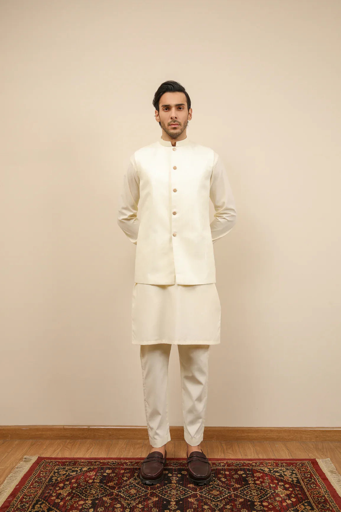Off White Jamawar Textured Waistcoat - Men - Muraqsh -- Wedding Wear