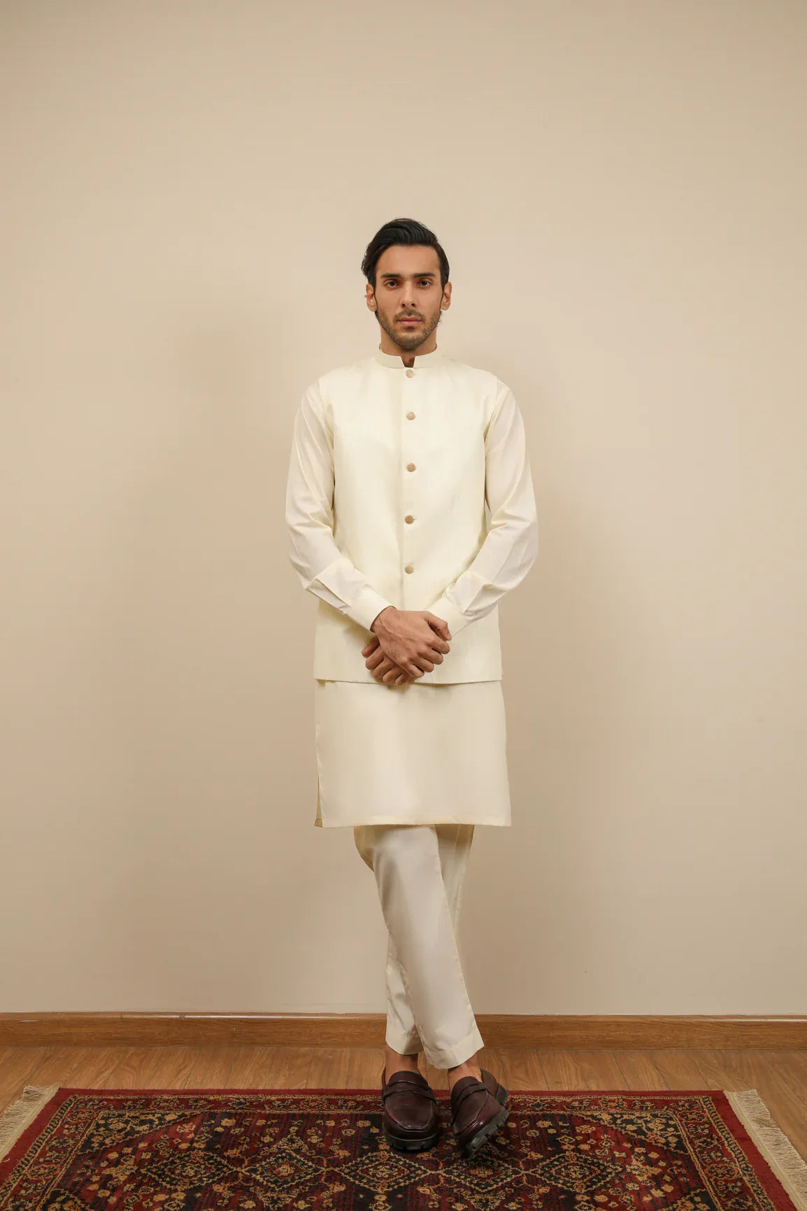 Off White Jamawar Textured Waistcoat - Men - Muraqsh -- Wedding Wear