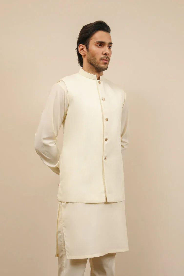Off White Jamawar Textured Waistcoat - Men - Muraqsh -- Wedding Wear