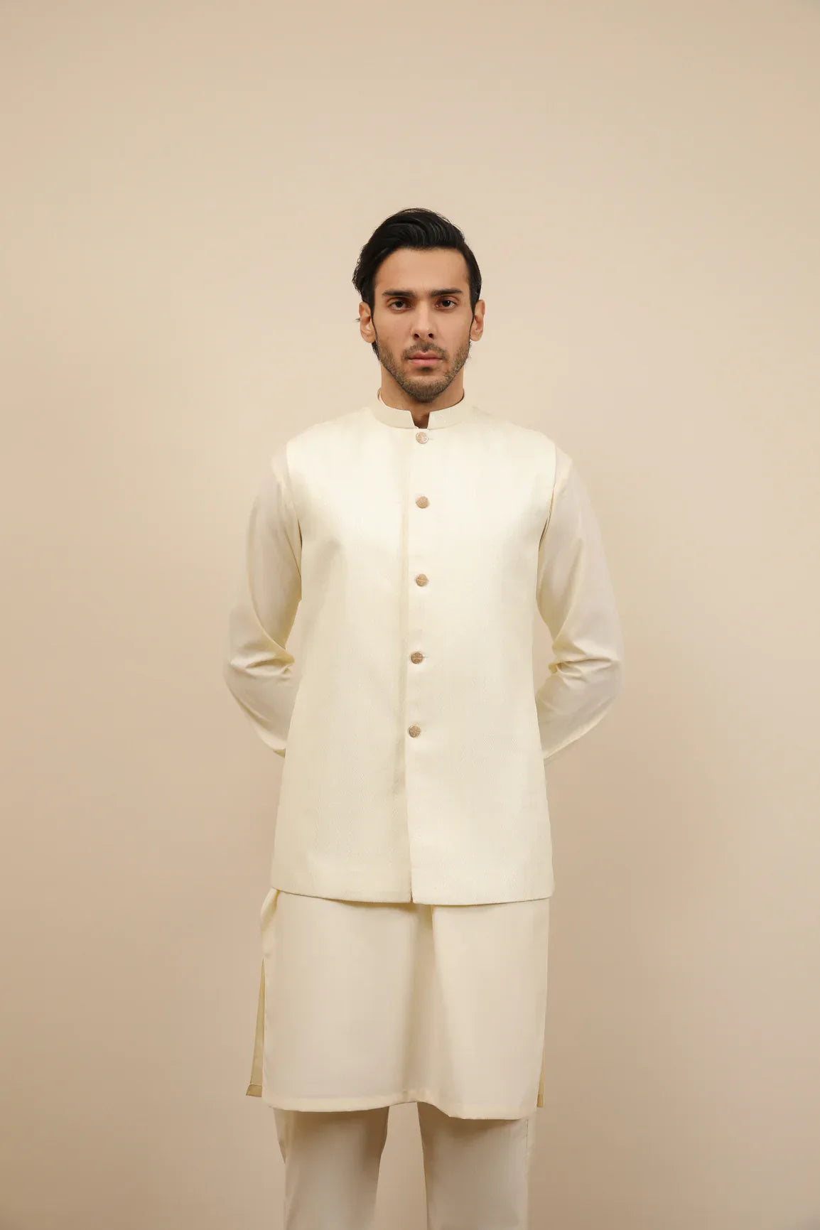 Off White Jamawar Textured Waistcoat - Men - Muraqsh -- Wedding Wear