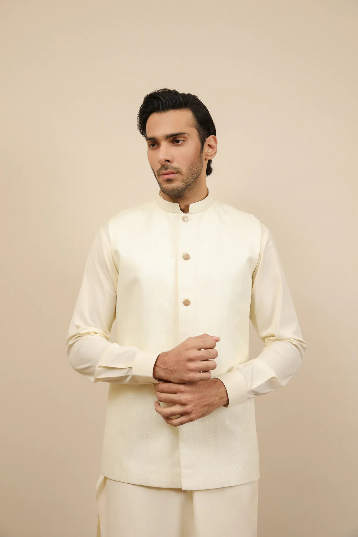 Off White Jamawar Textured Waistcoat - Men - Muraqsh -- Wedding Wear