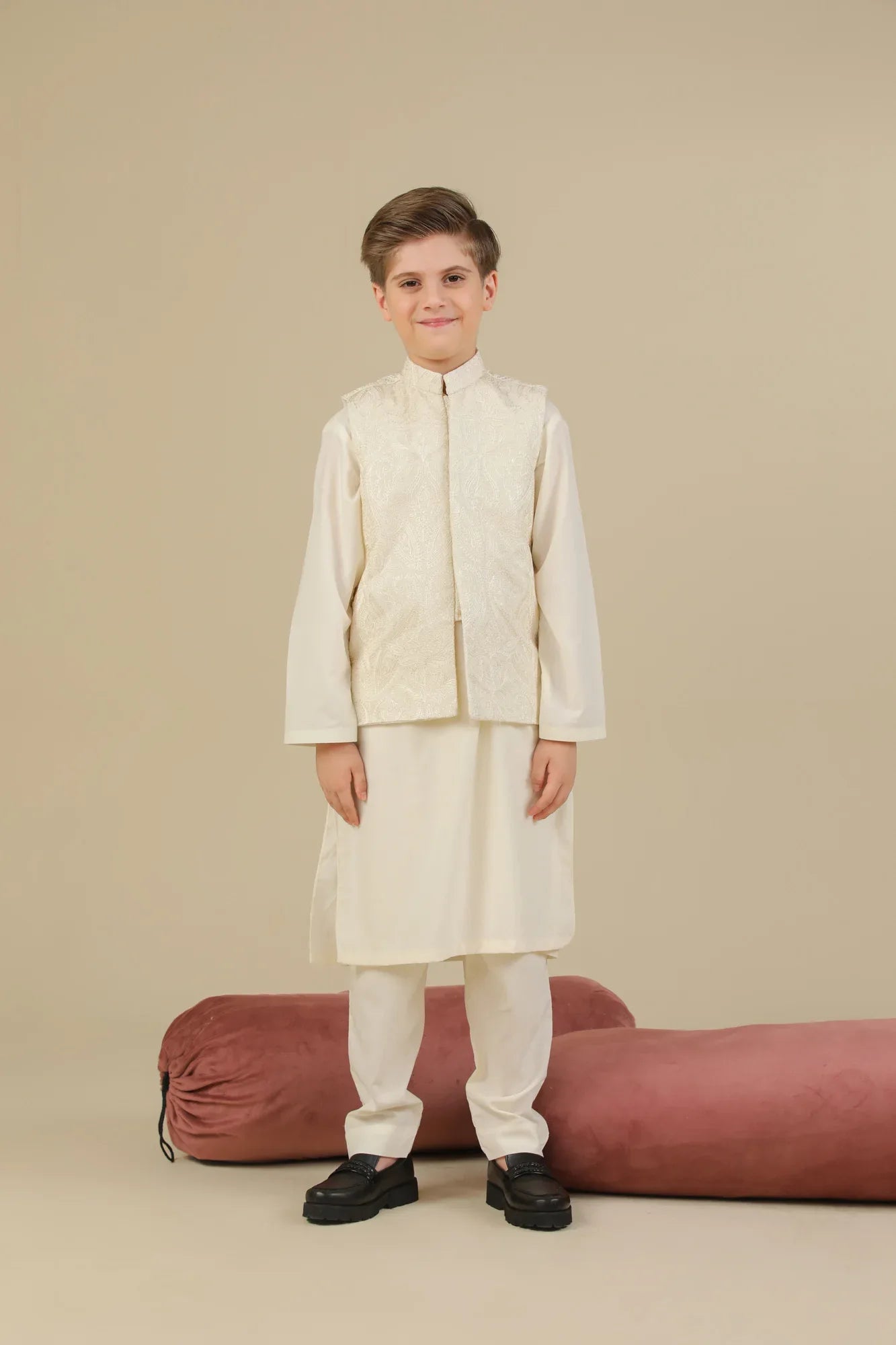 Bosky White Kurta Trouser with Cross Stitched Embroidered Waistcoat - 3PC - Kids - Muraqsh -- Kidswear