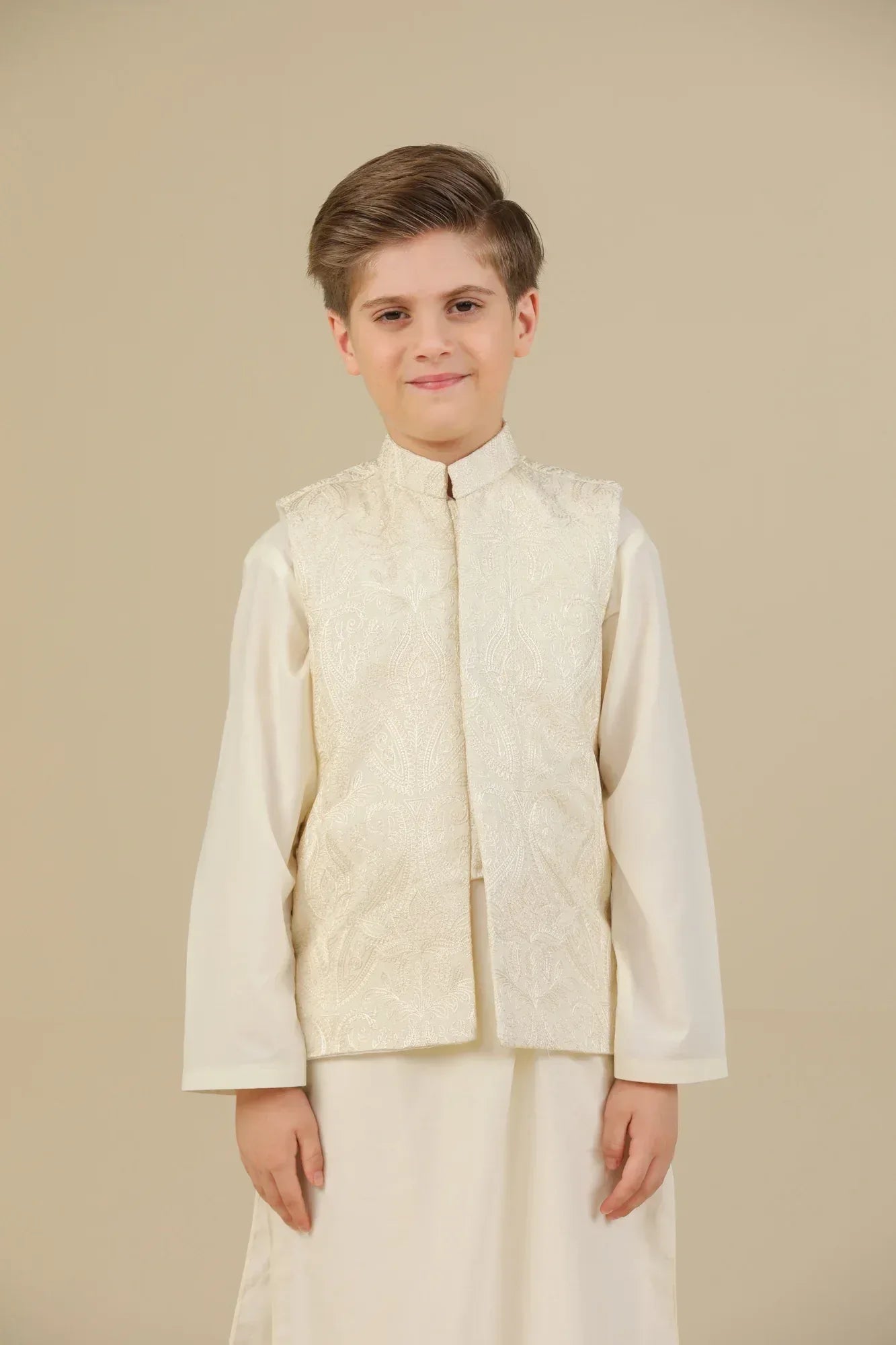 Bosky White Cross Stitched Embroidered Waistcoat - Kids - Muraqsh -- Kidswear