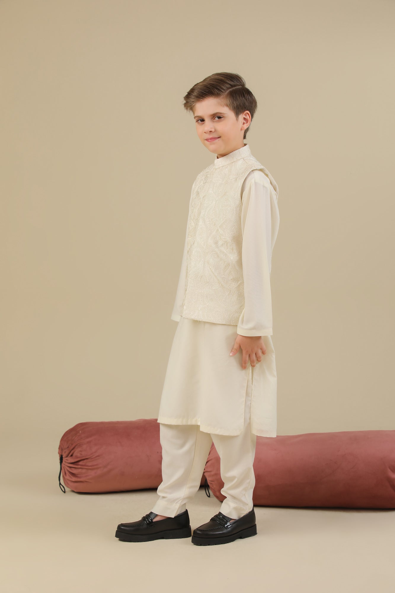 Bosky White Kurta Trouser with Cross Stitched Embroidered Waistcoat - 3PC - Kids