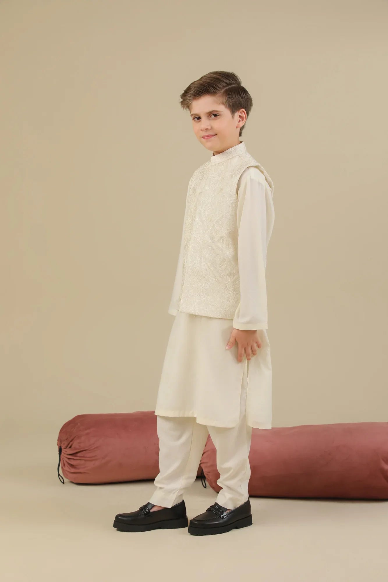 Bosky White Kurta Trouser with Cross Stitched Embroidered Waistcoat - 3PC - Kids - Muraqsh -- Kidswear