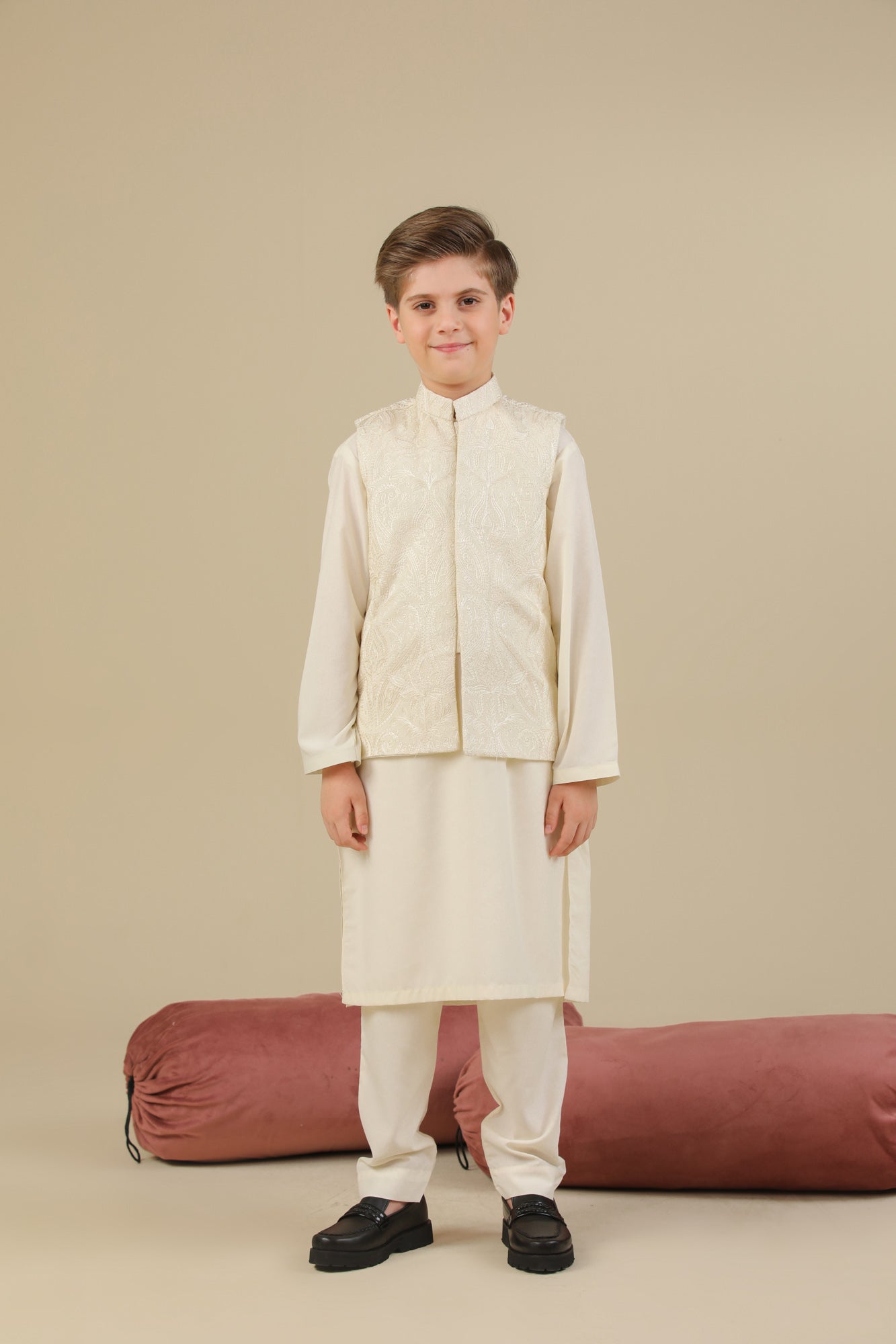 Bosky White Kurta Trouser with Cross Stitched Embroidered Waistcoat - 3PC - Kids