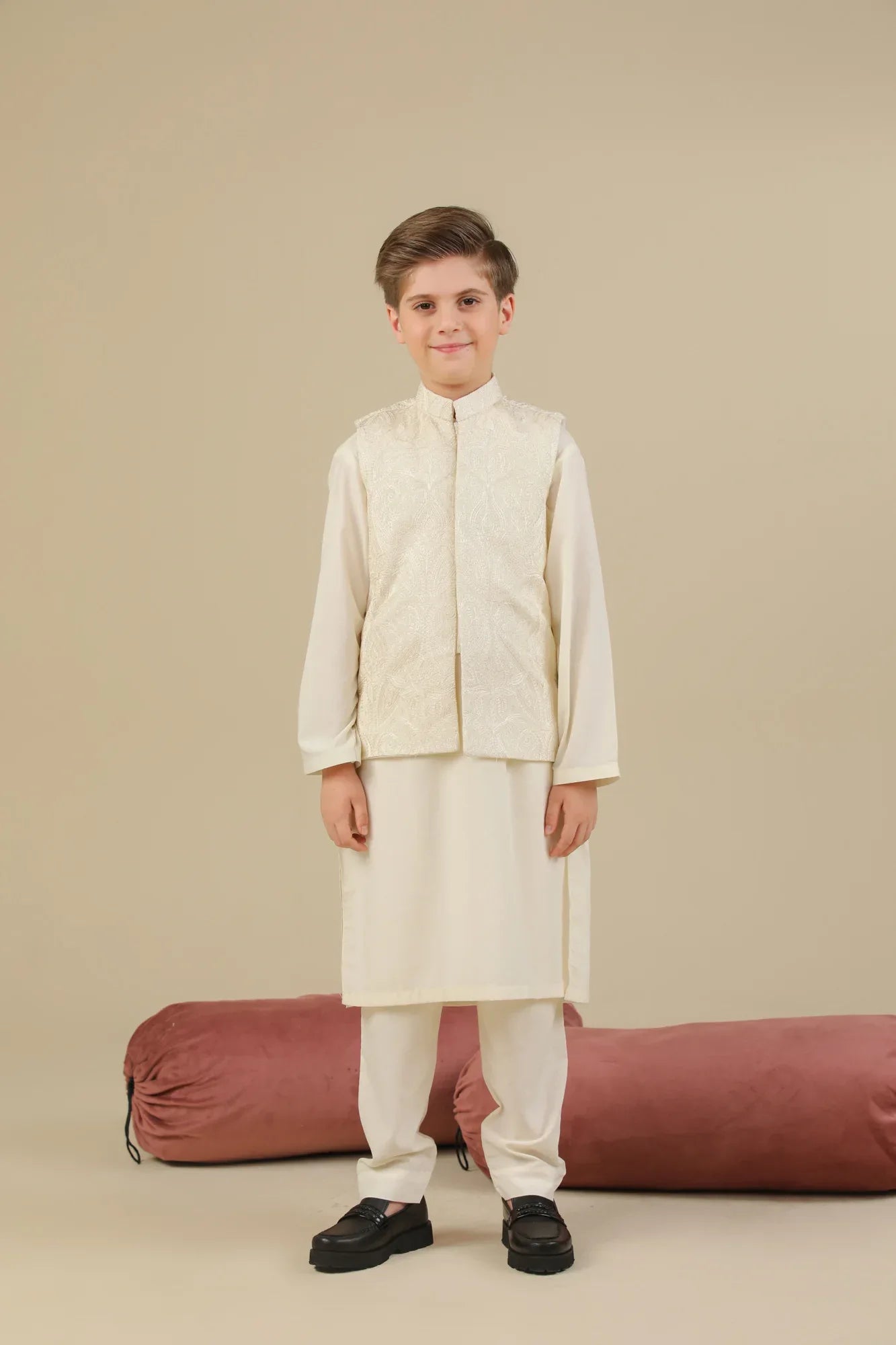 Bosky White Kurta Trouser with Cross Stitched Embroidered Waistcoat - 3PC - Kids - Muraqsh -- Kidswear