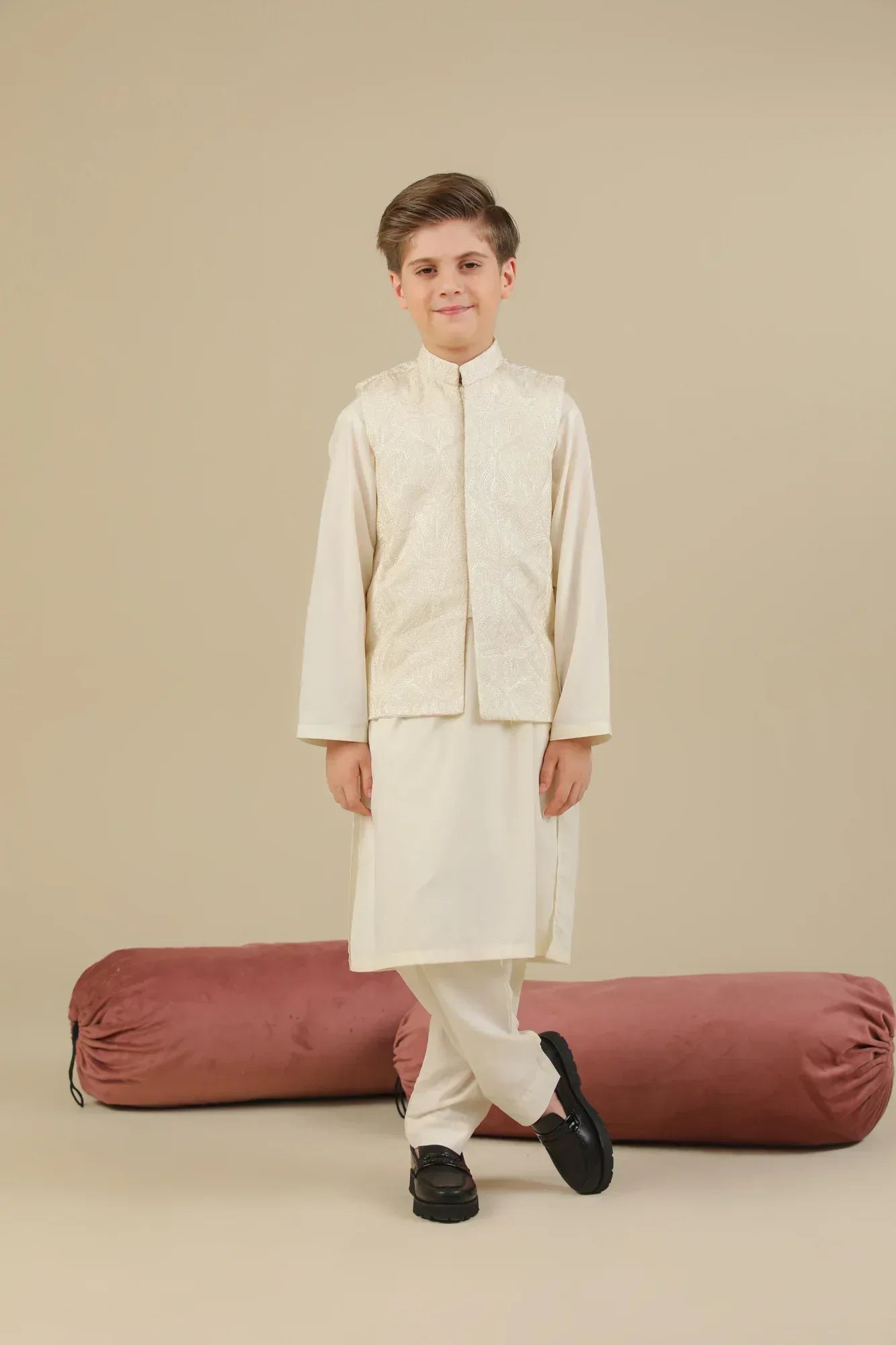 Bosky White Cross Stitched Embroidered Waistcoat - Kids - Muraqsh -- Kidswear