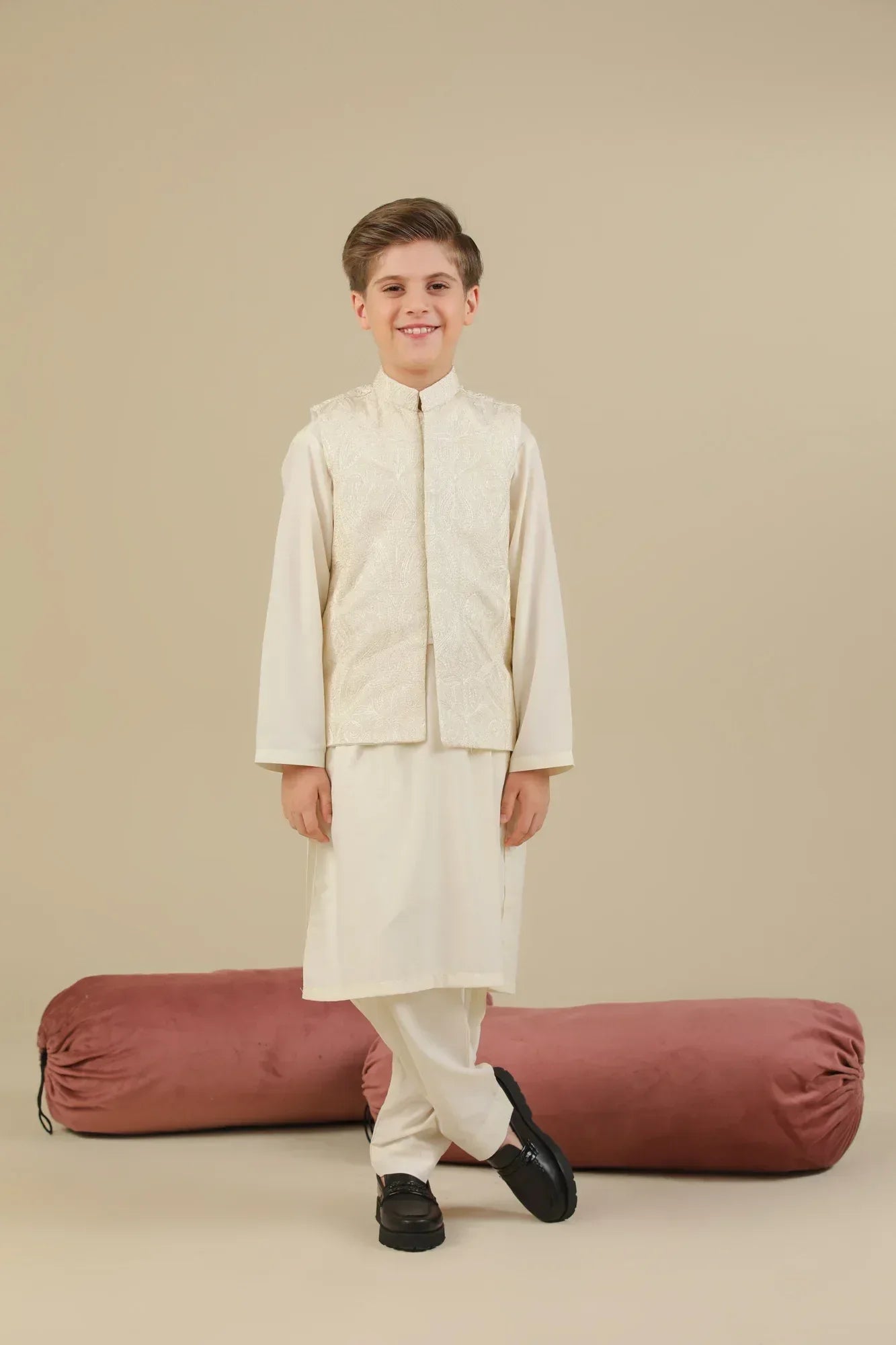 Bosky White Cross Stitched Embroidered Waistcoat - Kids - Muraqsh -- Kidswear
