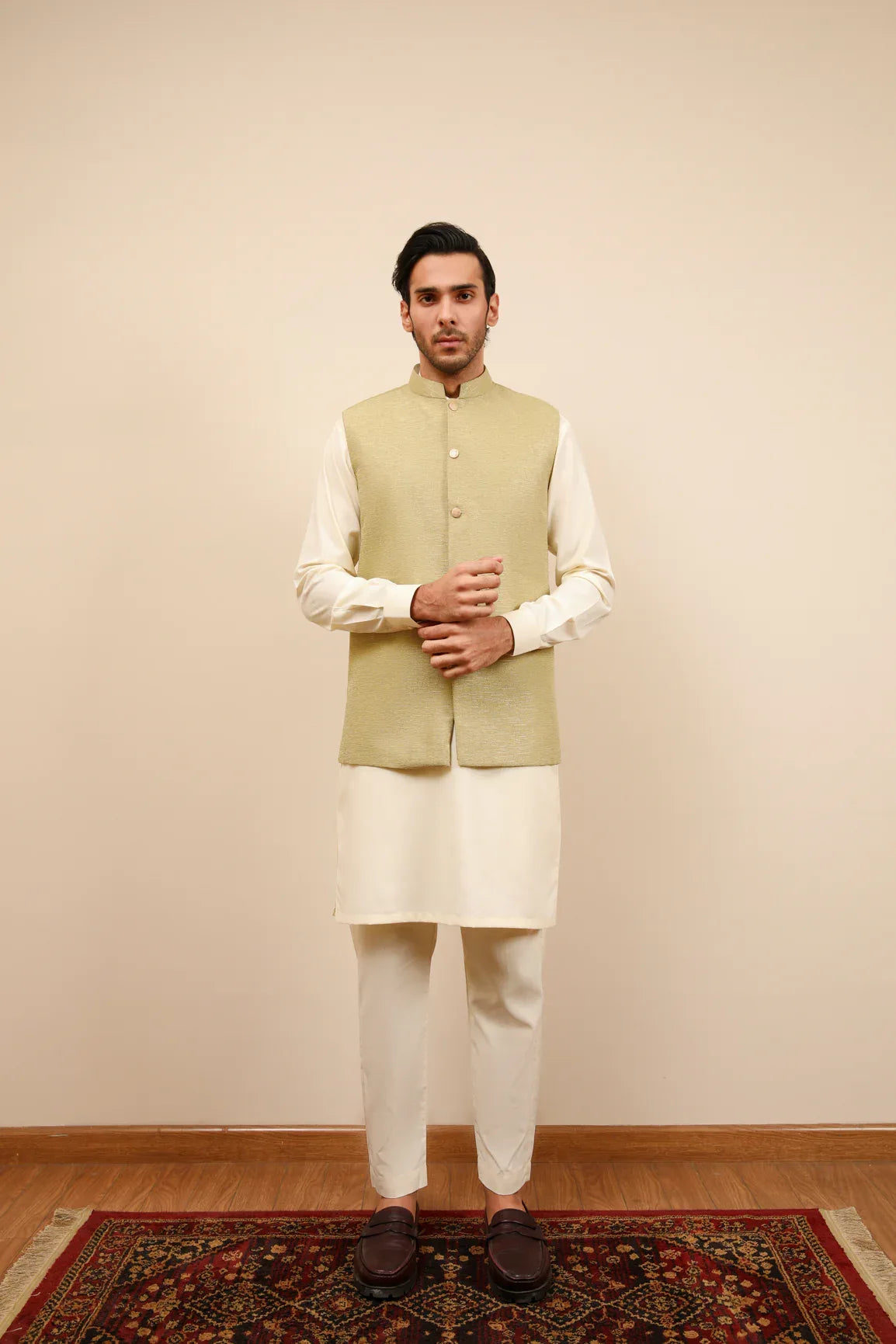 Bosky White Kurta Trouser with Mint Jamawar Waistcoat - 3PC - Men - Muraqsh -- Wedding Wear