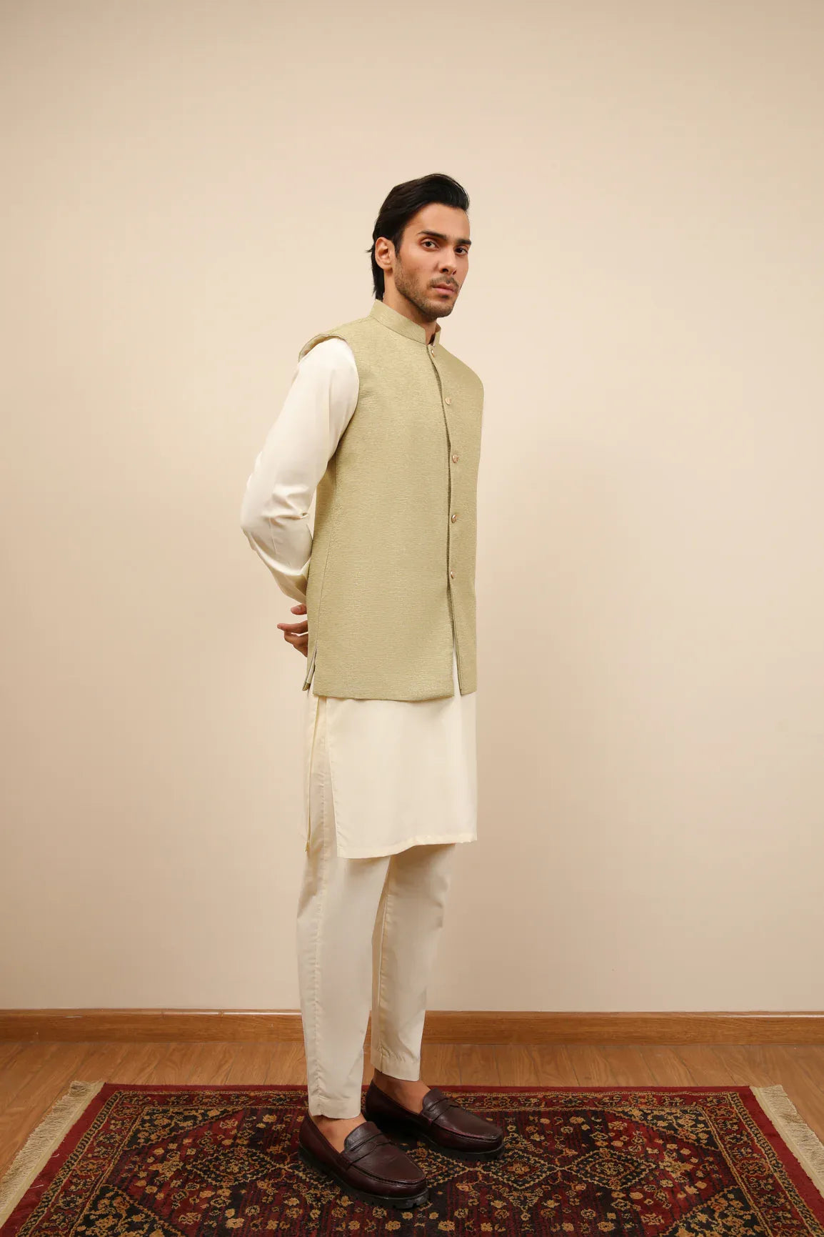 Bosky White Kurta Trouser with Mint Jamawar Waistcoat - 3PC - Men - Muraqsh -- Wedding Wear