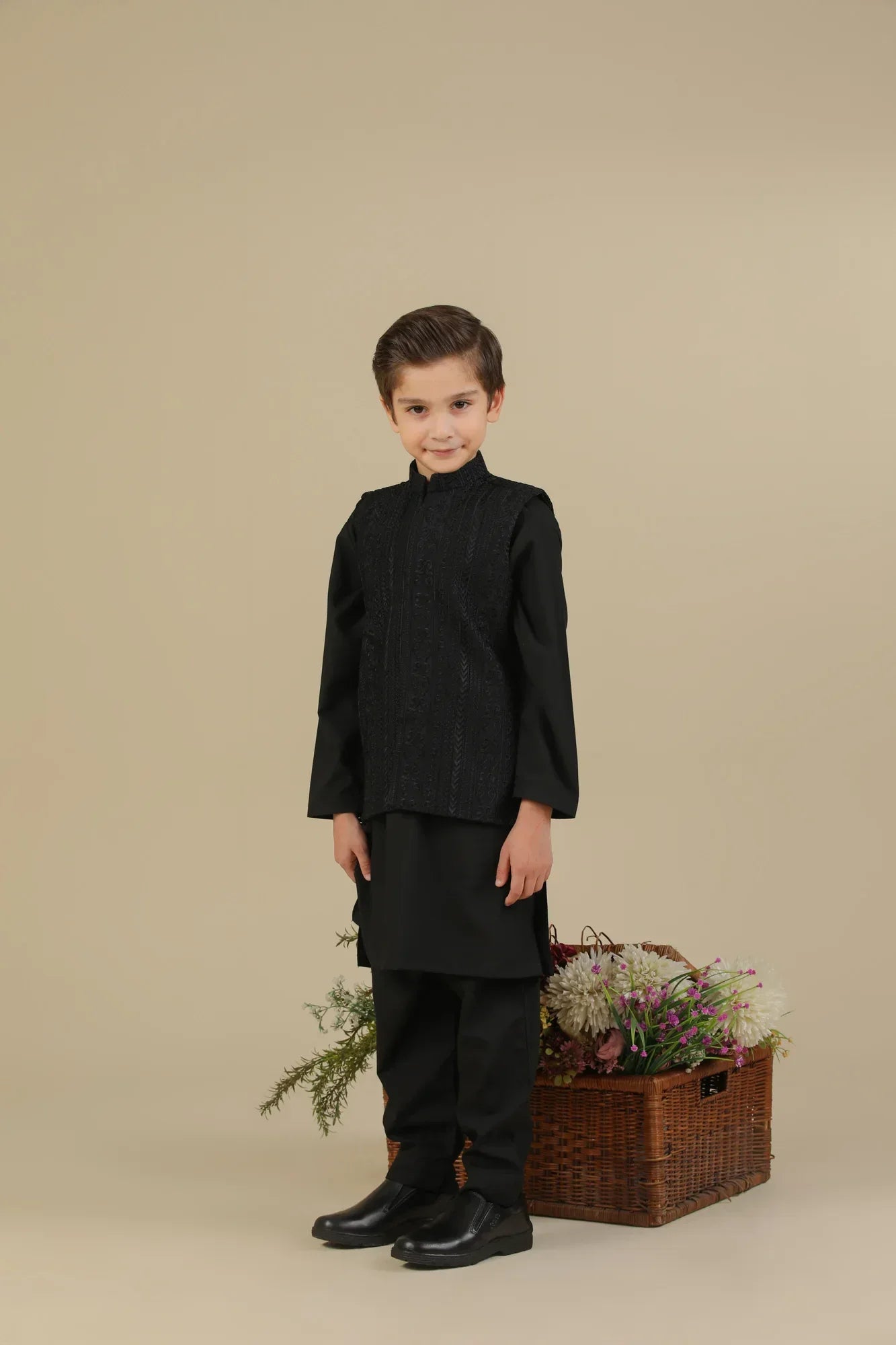 Black Cross Stitched Embroidered Waistcoat - Kids - Muraqsh -- Kidswear