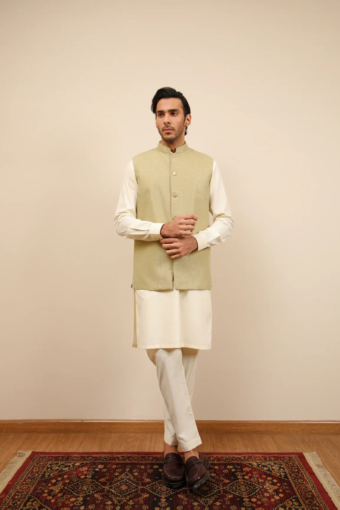 Mint Jamawar Textured Waistcoat - Men - Muraqsh -- Wedding Wear