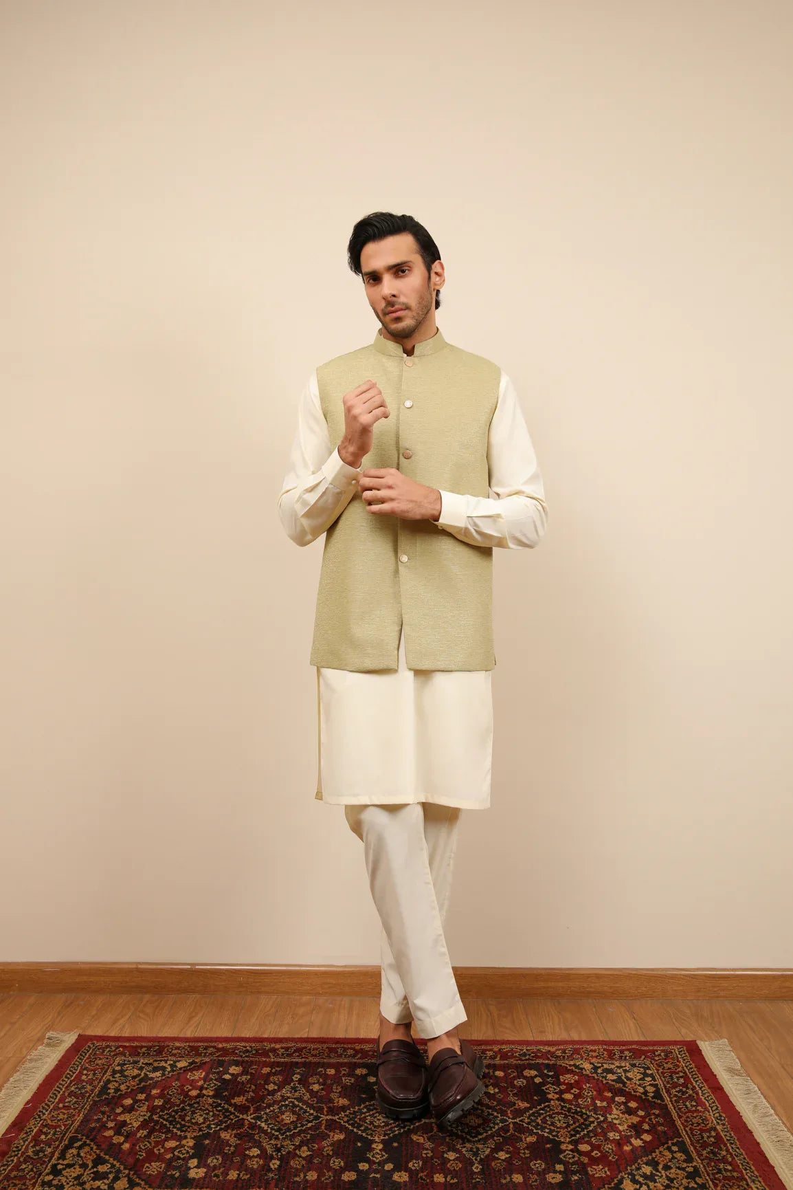 Mint Jamawar Textured Waistcoat - Men - Muraqsh -- Wedding Wear