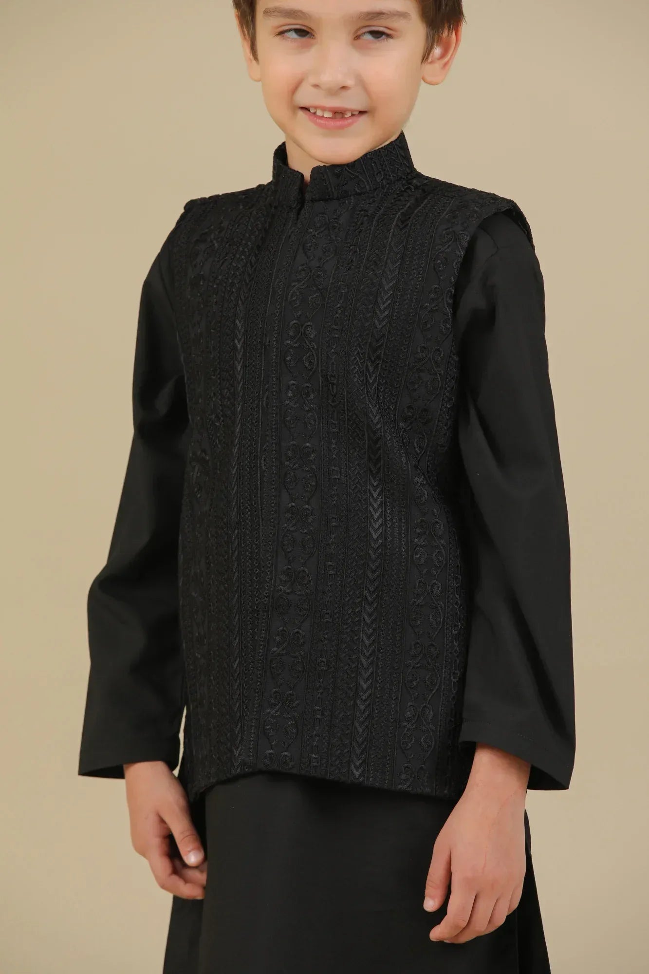 Black Cross Stitched Embroidered Waistcoat - Kids - Muraqsh -- Kidswear