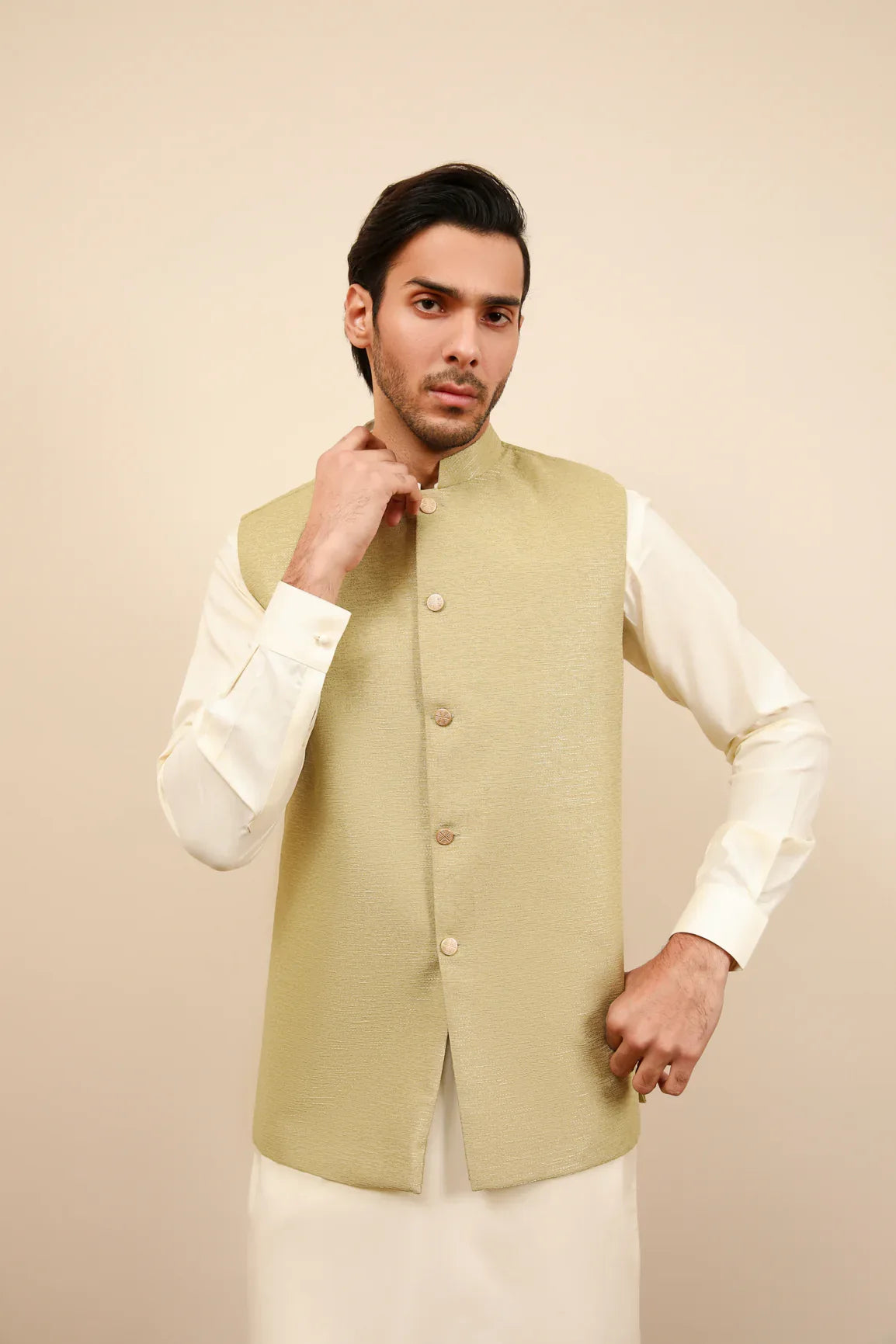Mint Jamawar Textured Waistcoat - Men - Muraqsh -- Wedding Wear