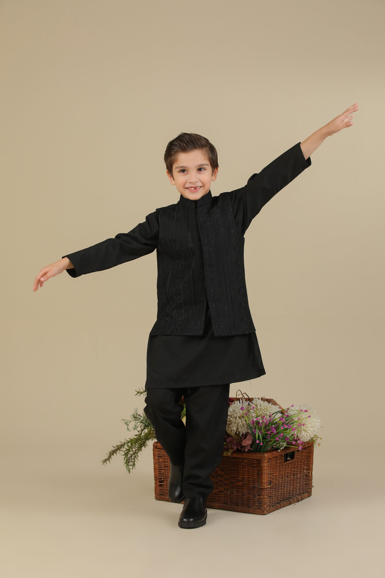 Black Cross Stitched Embroidered Waistcoat - Kids