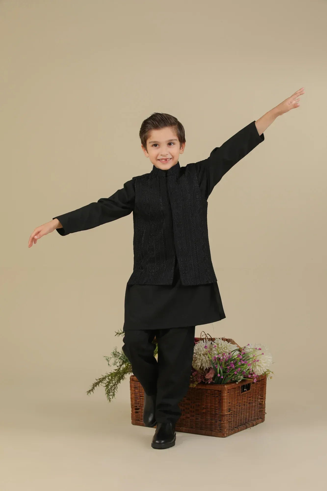 Black Cross Stitched Embroidered Waistcoat - Kids - Muraqsh -- Kidswear
