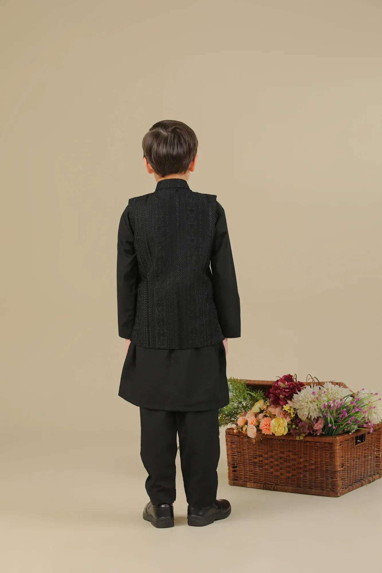 Black Cross Stitched Embroidered Waistcoat - Kids - Muraqsh -- Kidswear