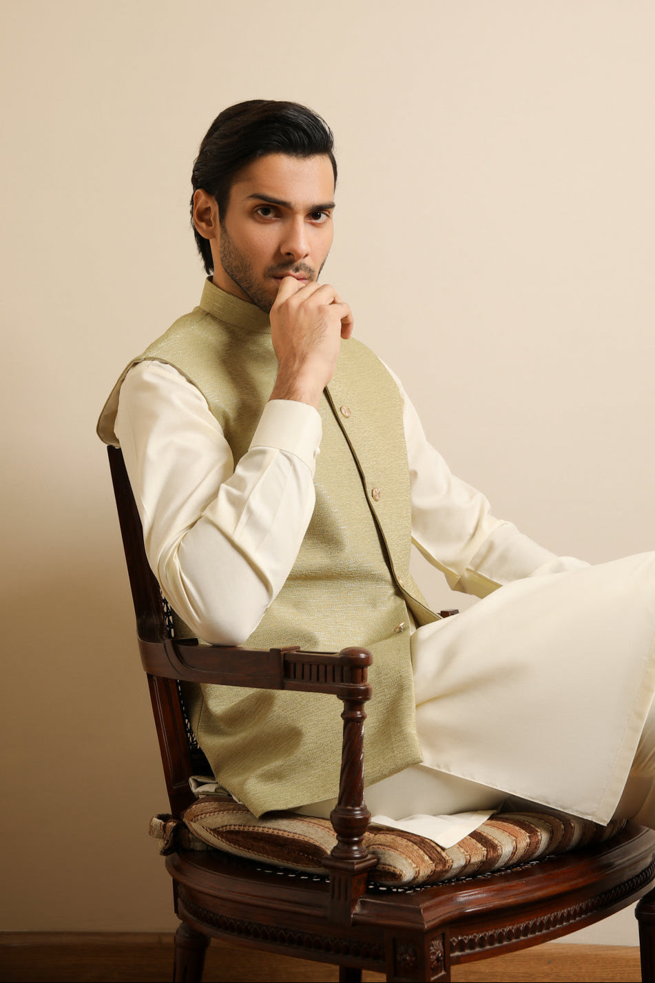 Mint Jamawar Textured Waistcoat - Men