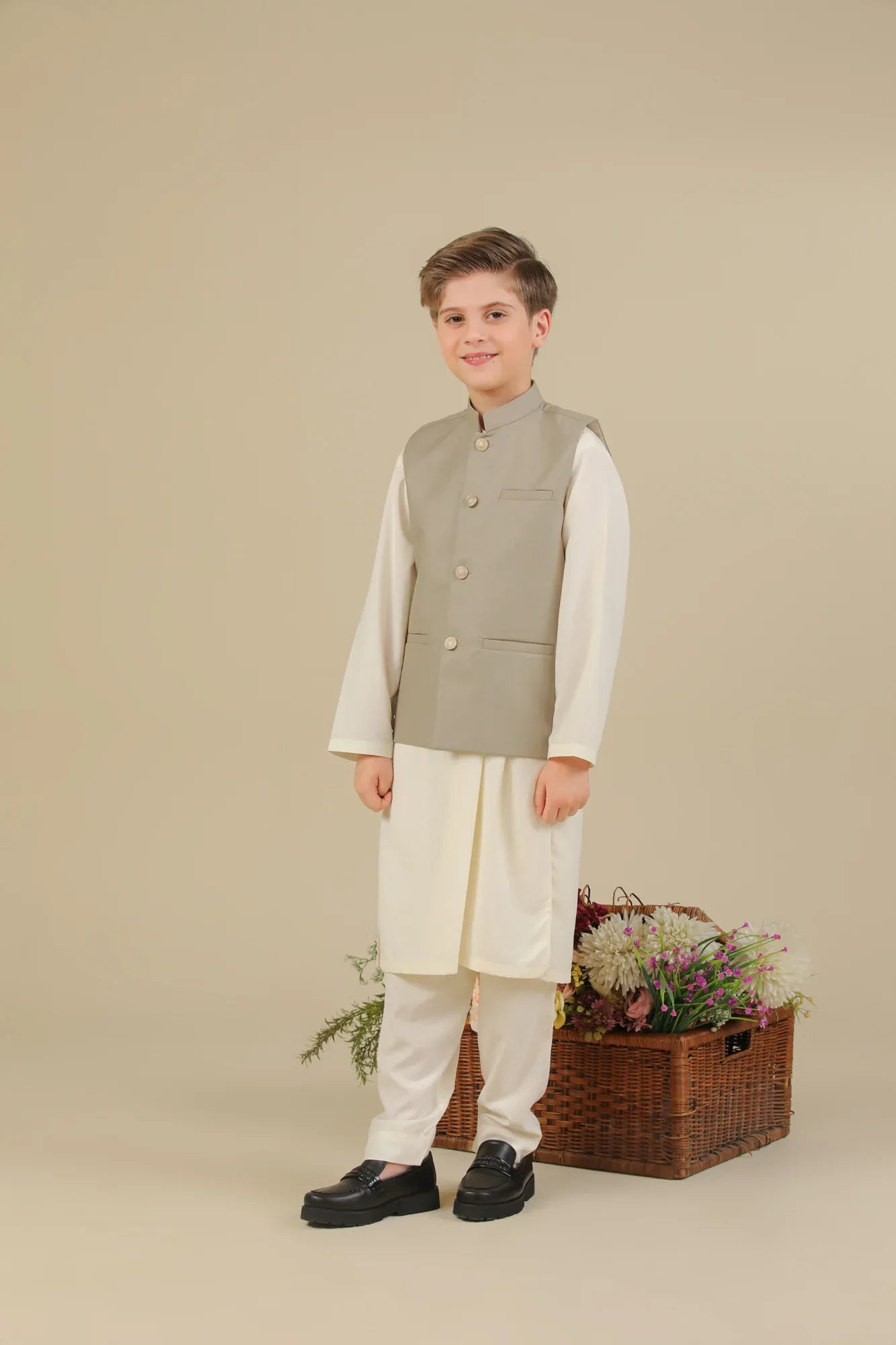 Bosky White Kurta Trouser with Beige Suiting Waistcoat - Straight Cut - Kids - Muraqsh -- Kidswear