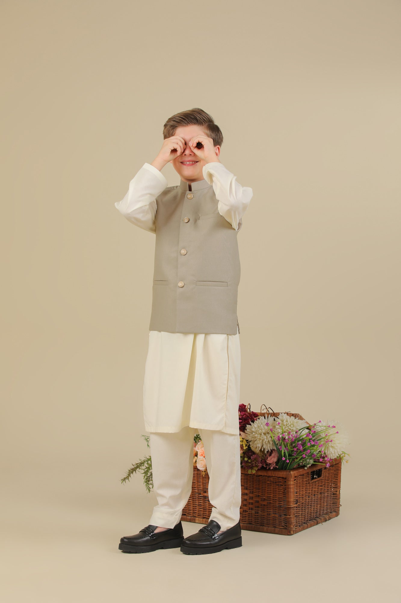 Bosky White Kurta Trouser with Beige Suiting Waistcoat - Straight Cut - Kids