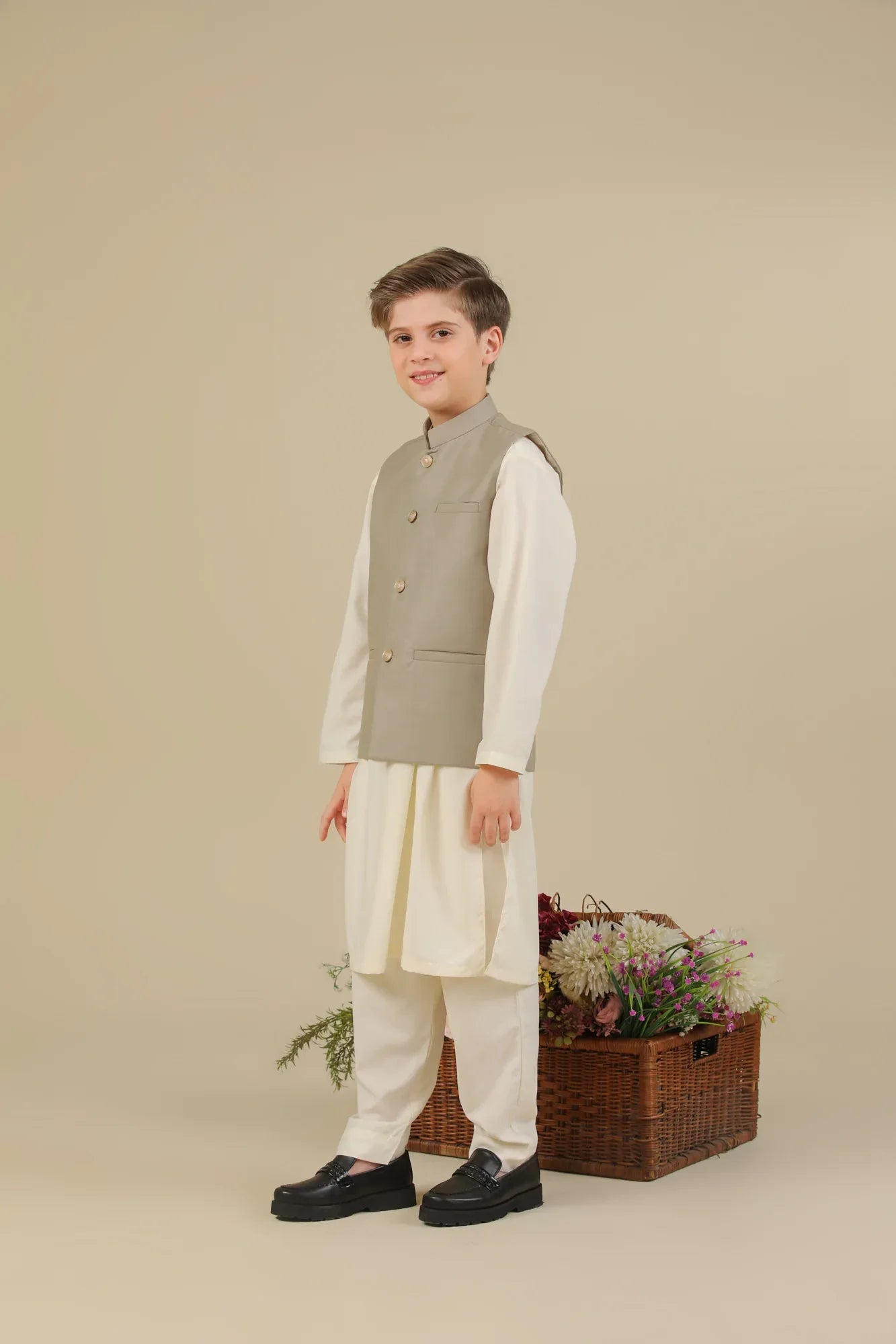 Bosky White Kurta Trouser with Beige Suiting Waistcoat - Straight Cut - Kids - Muraqsh -- Kidswear