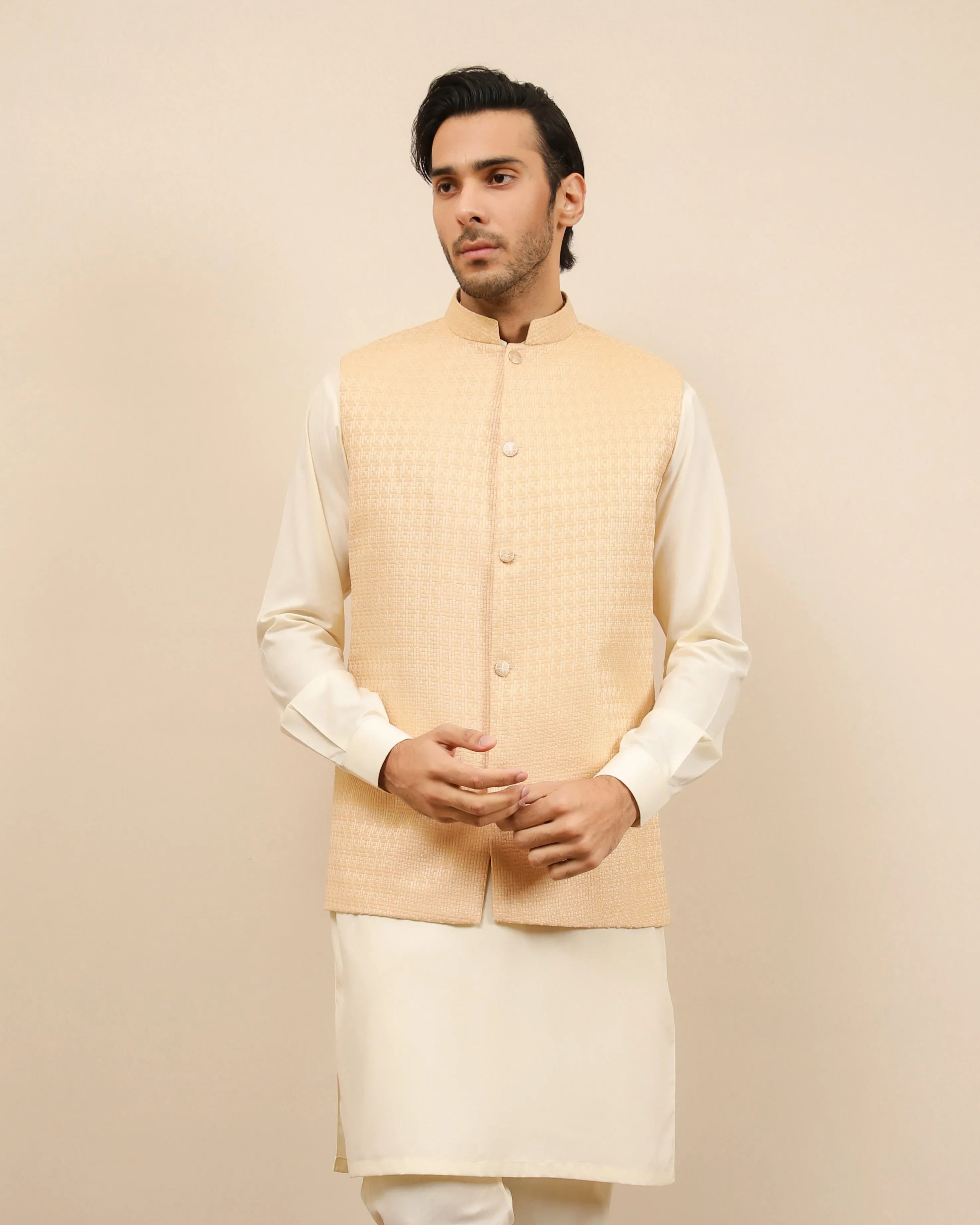 Ivory Jamawar Textured Waistcoat - Men - Muraqsh -- Wedding Wear