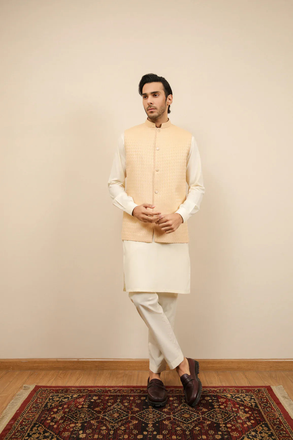 Bosky White Kurta Trouser with Skin Jamawar Waistcoat 3PC Men