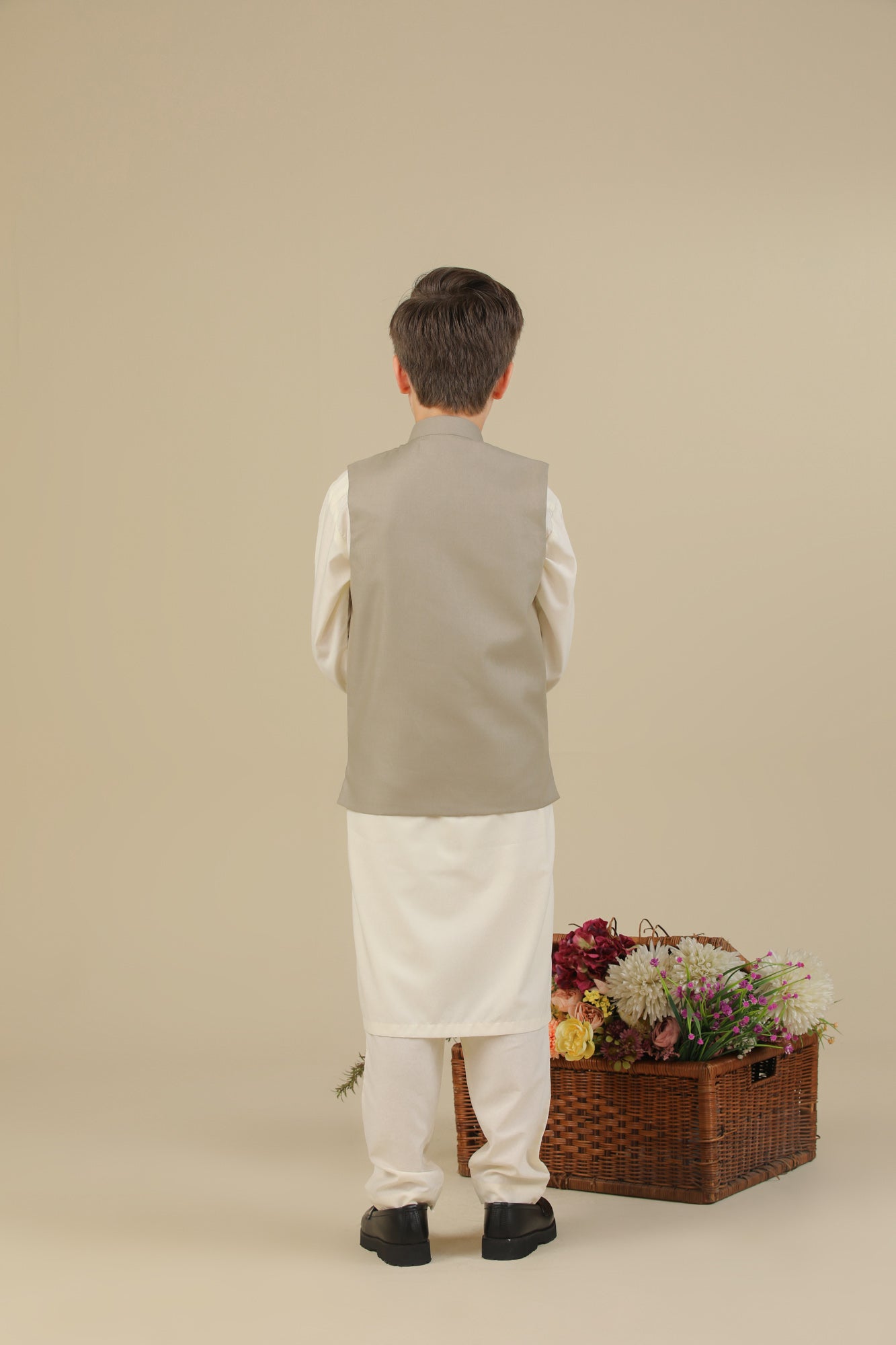 Bosky White Kurta Trouser with Beige Suiting Waistcoat - Straight Cut - Kids