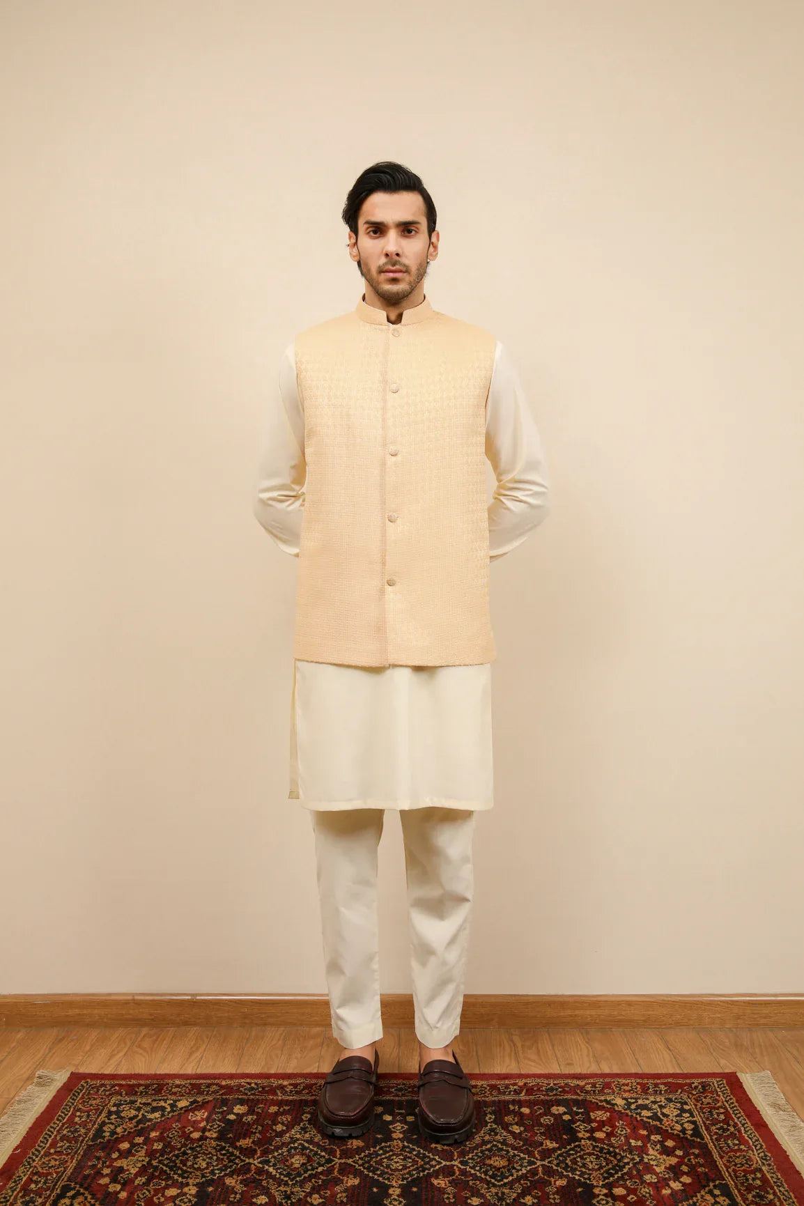 Skin Waffle Textured Jamawar Waistcoat - Men - Muraqsh -- Wedding Wear