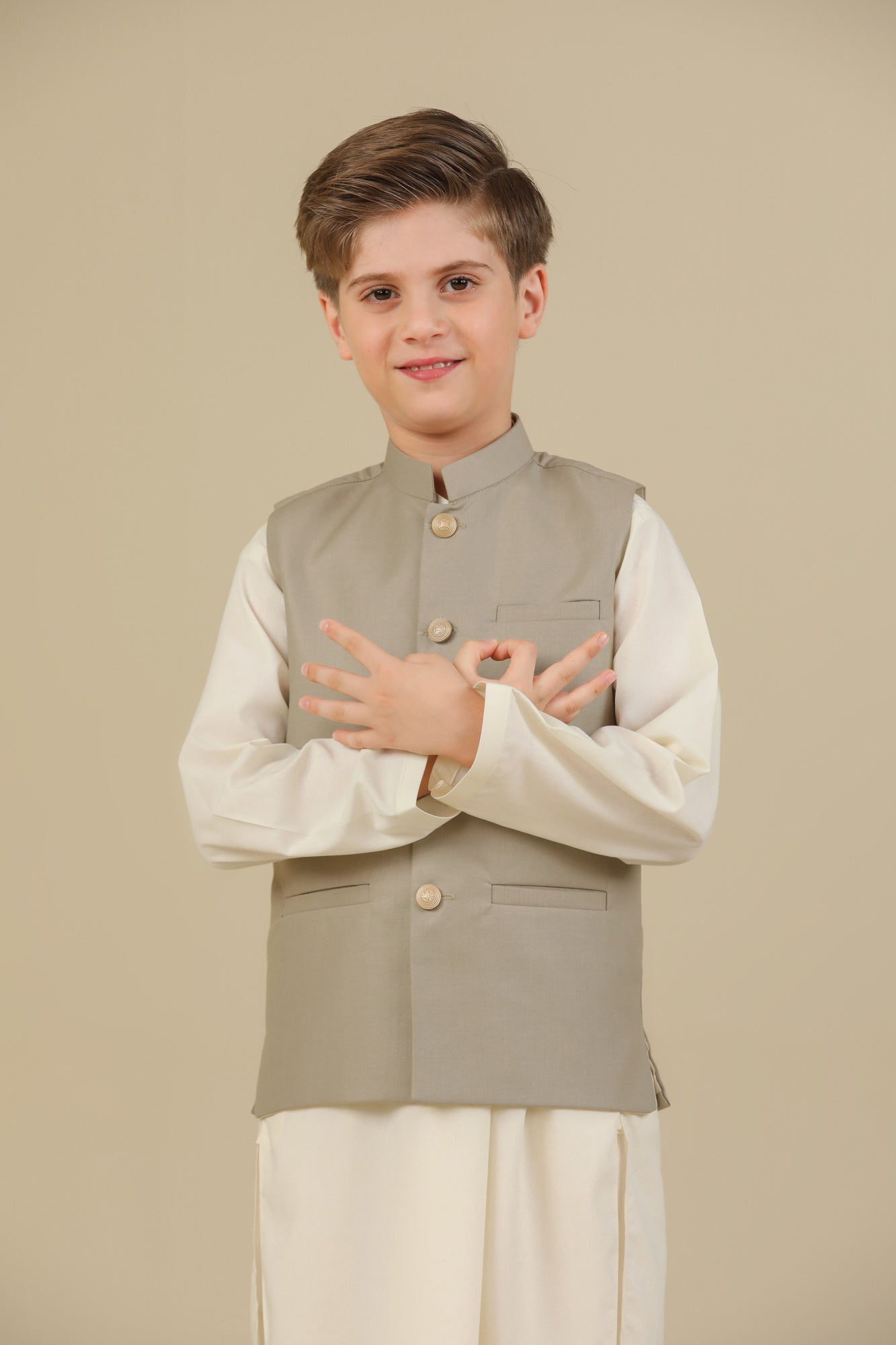 Bosky White Kurta Trouser with Beige Suiting Waistcoat - Straight Cut - Kids