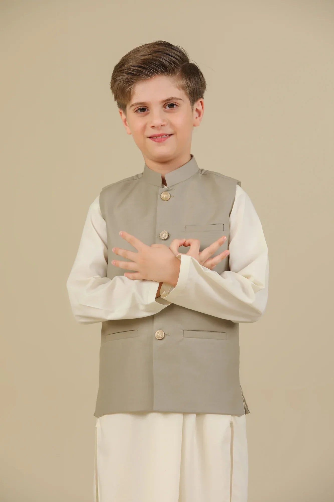 Beige Suiting Waistcoat - Straight Cut Buttoned - Kids - Muraqsh -- Kidswear