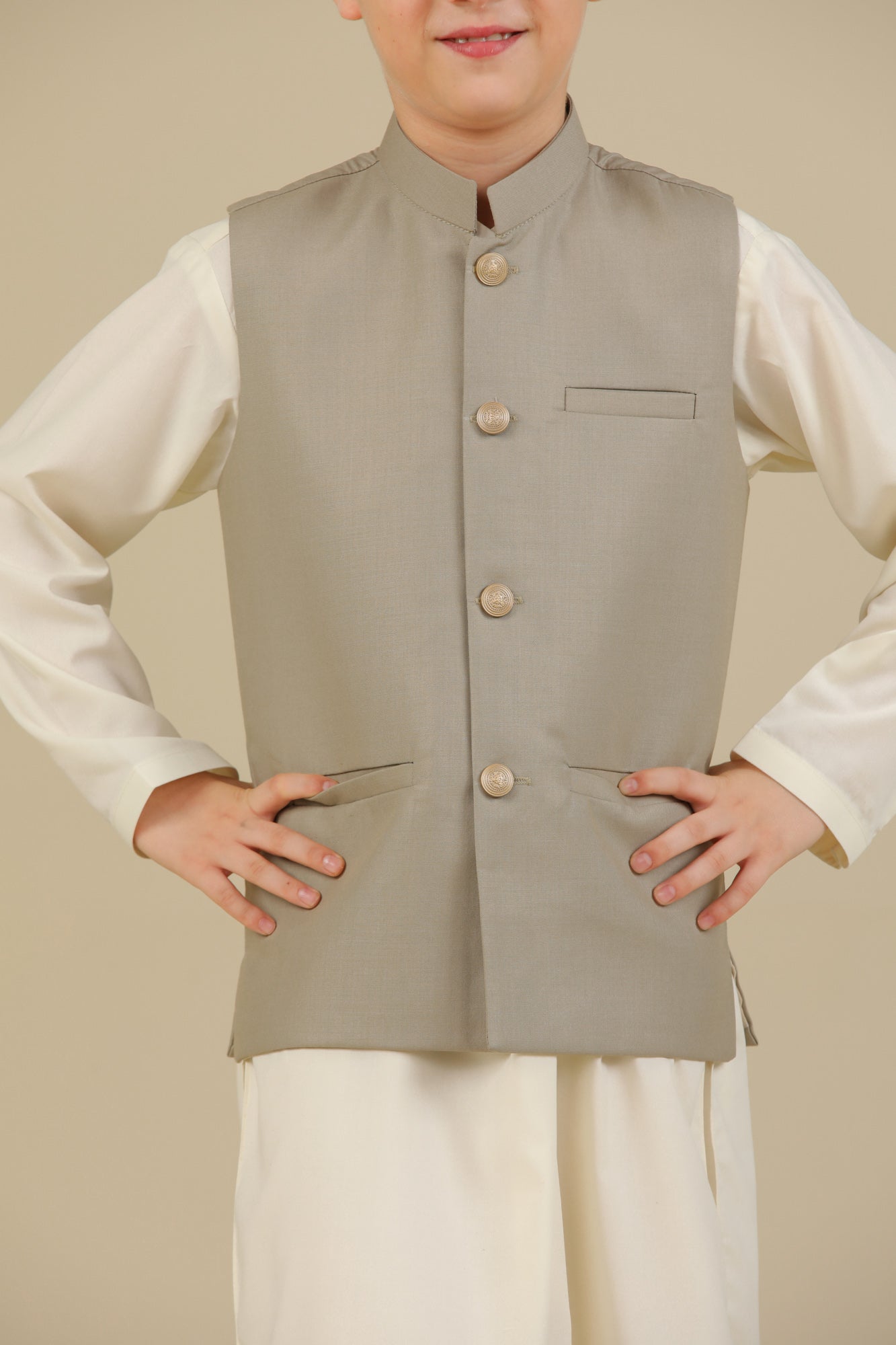 Bosky White Kurta Trouser with Beige Suiting Waistcoat - Straight Cut - Kids