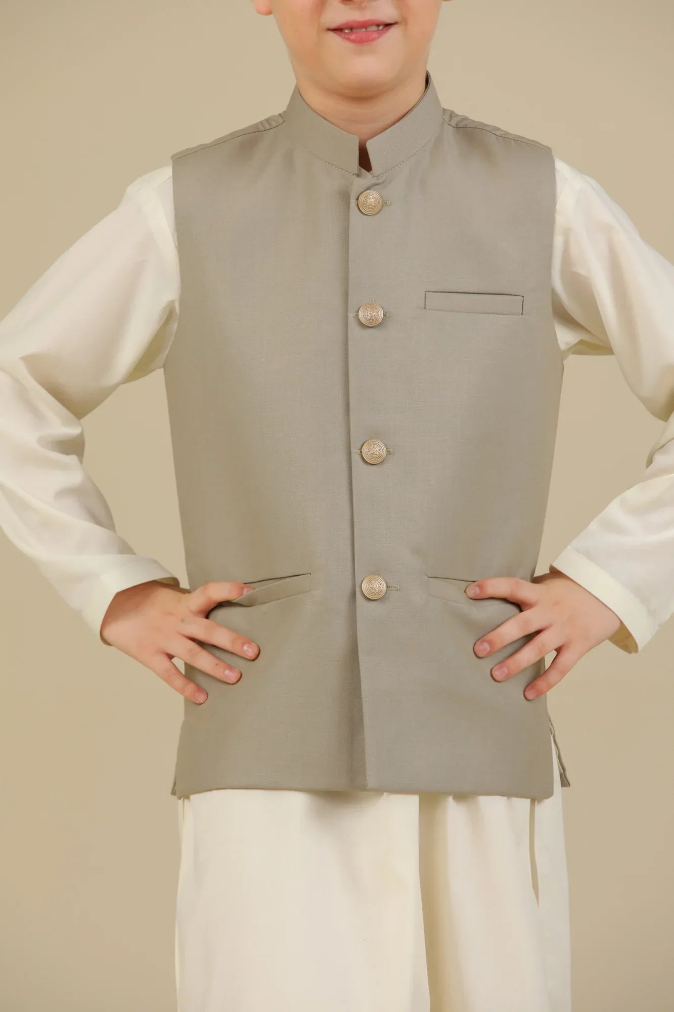 Beige Suiting Waistcoat - Straight Cut Buttoned - Kids - Muraqsh -- Kidswear