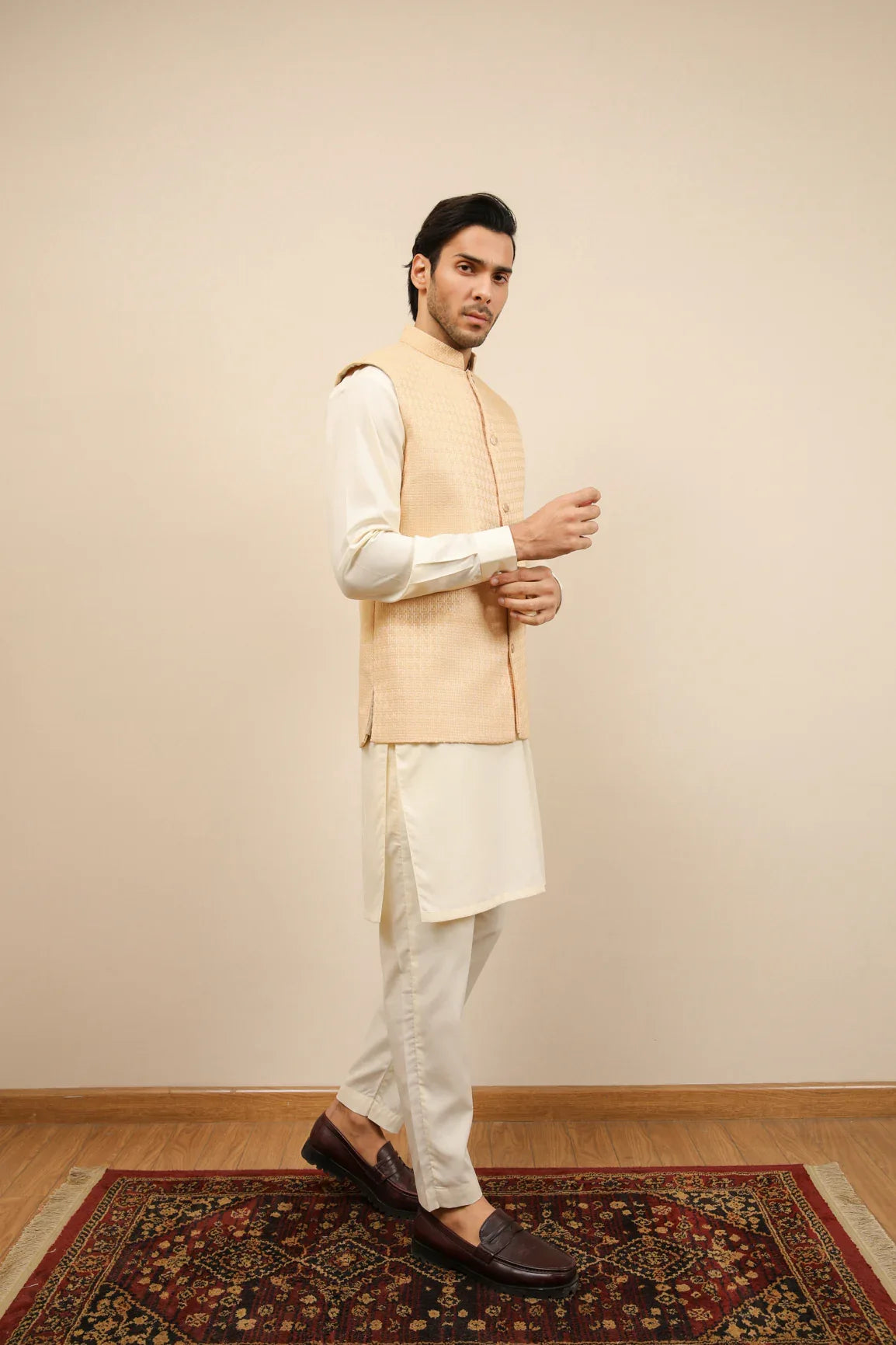 Skin Waffle Textured Jamawar Waistcoat - Men - Muraqsh -- Wedding Wear