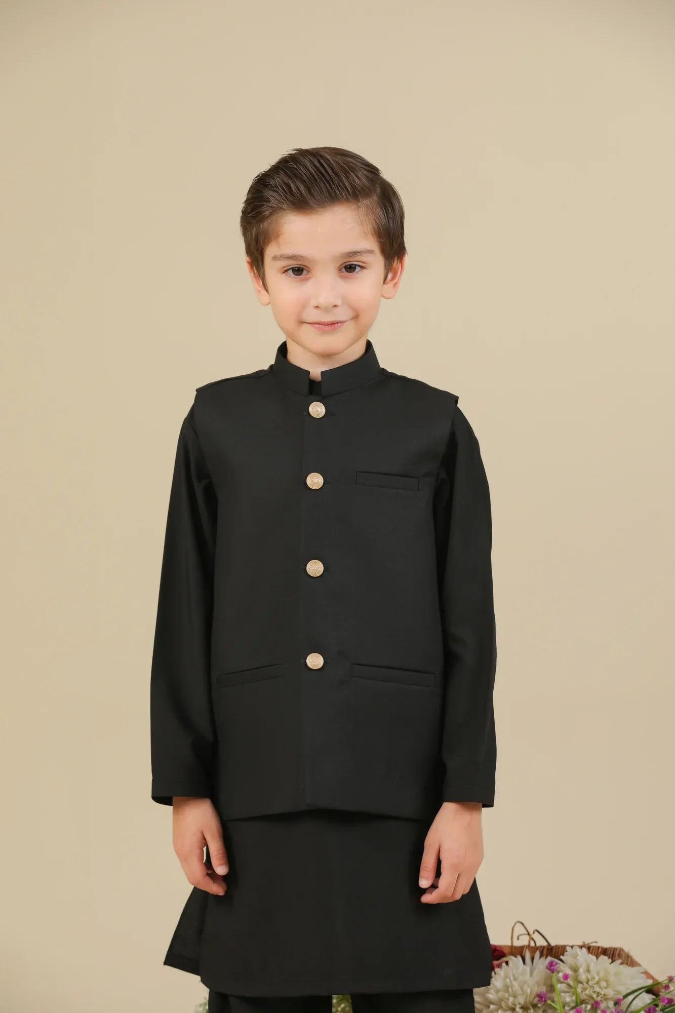 Black Kurta Trouser with Suiting Waistcoat - Straight Cut - Kids - Muraqsh -- Kidswear