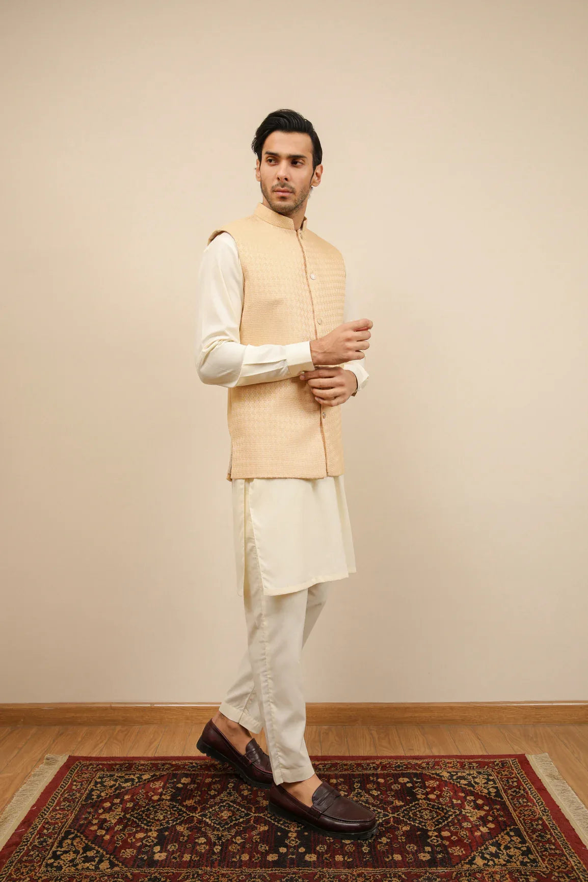 Skin Waffle Textured Jamawar Waistcoat - Men - Muraqsh -- Wedding Wear