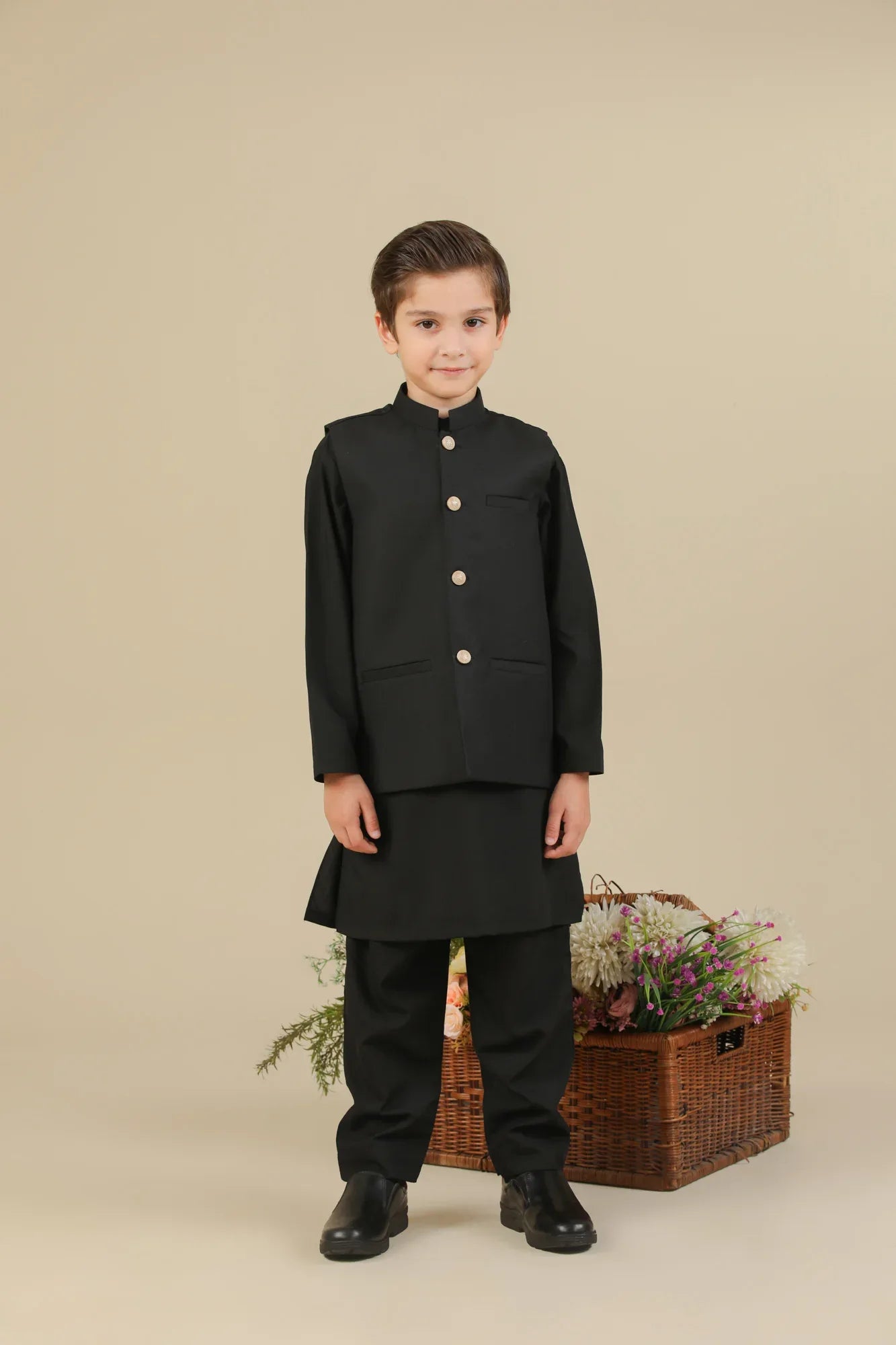 Black Kurta Trouser with Suiting Waistcoat - Straight Cut - Kids - Muraqsh -- Kidswear