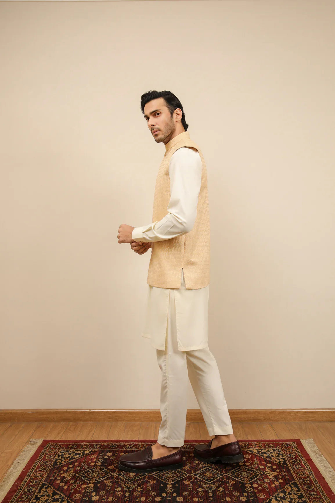 Skin Waffle Textured Jamawar Waistcoat - Men - Muraqsh -- Wedding Wear
