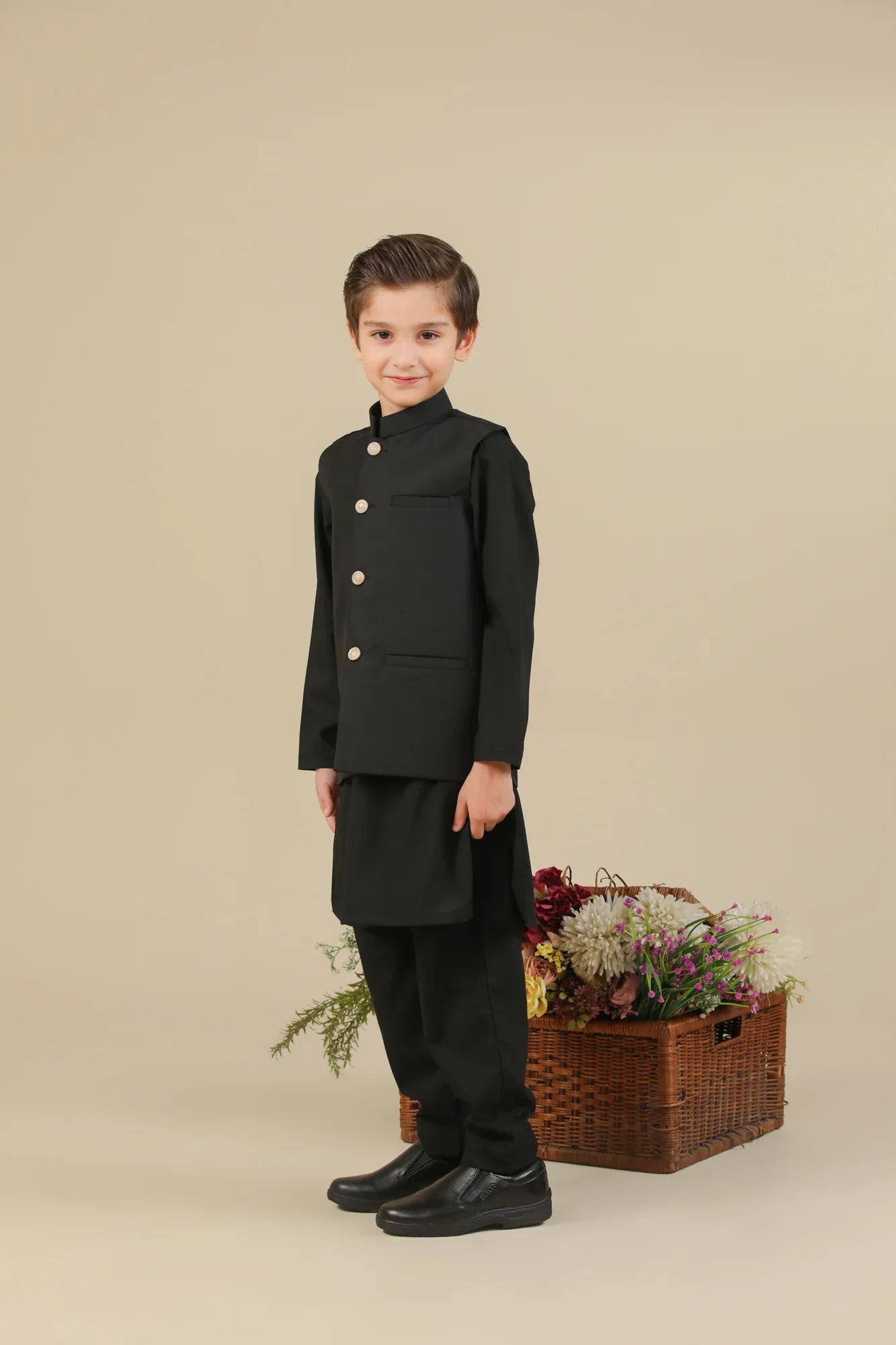 Black Kurta Trouser with Suiting Waistcoat - Straight Cut - Kids - Muraqsh -- Kidswear