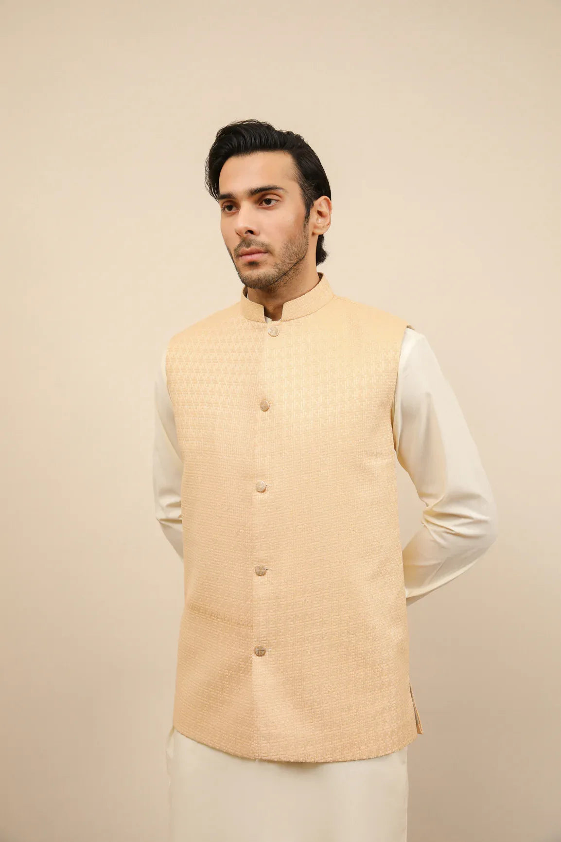 Skin Waffle Textured Jamawar Waistcoat - Men - Muraqsh -- Wedding Wear