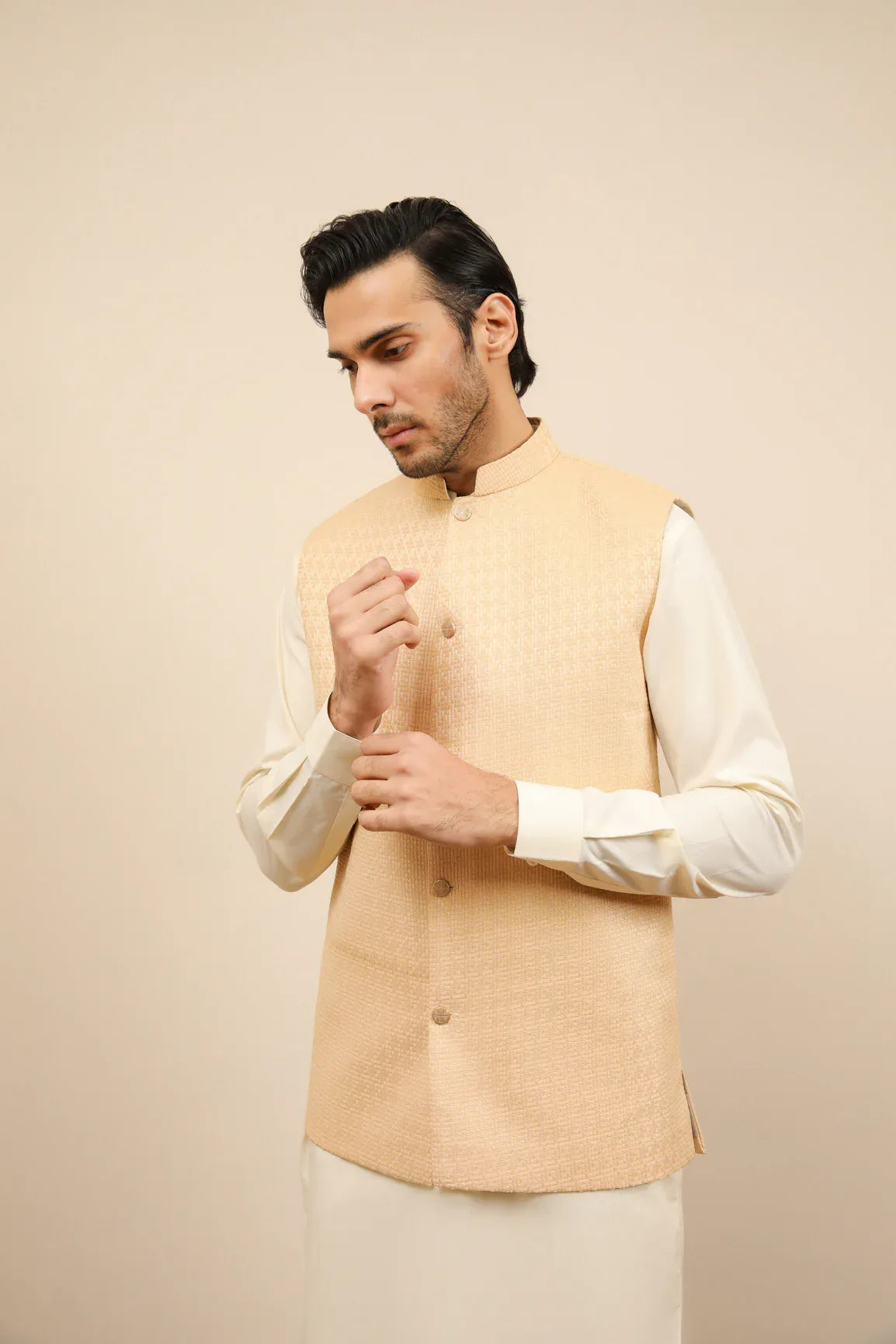 Skin Waffle Textured Jamawar Waistcoat - Men - Muraqsh -- Wedding Wear